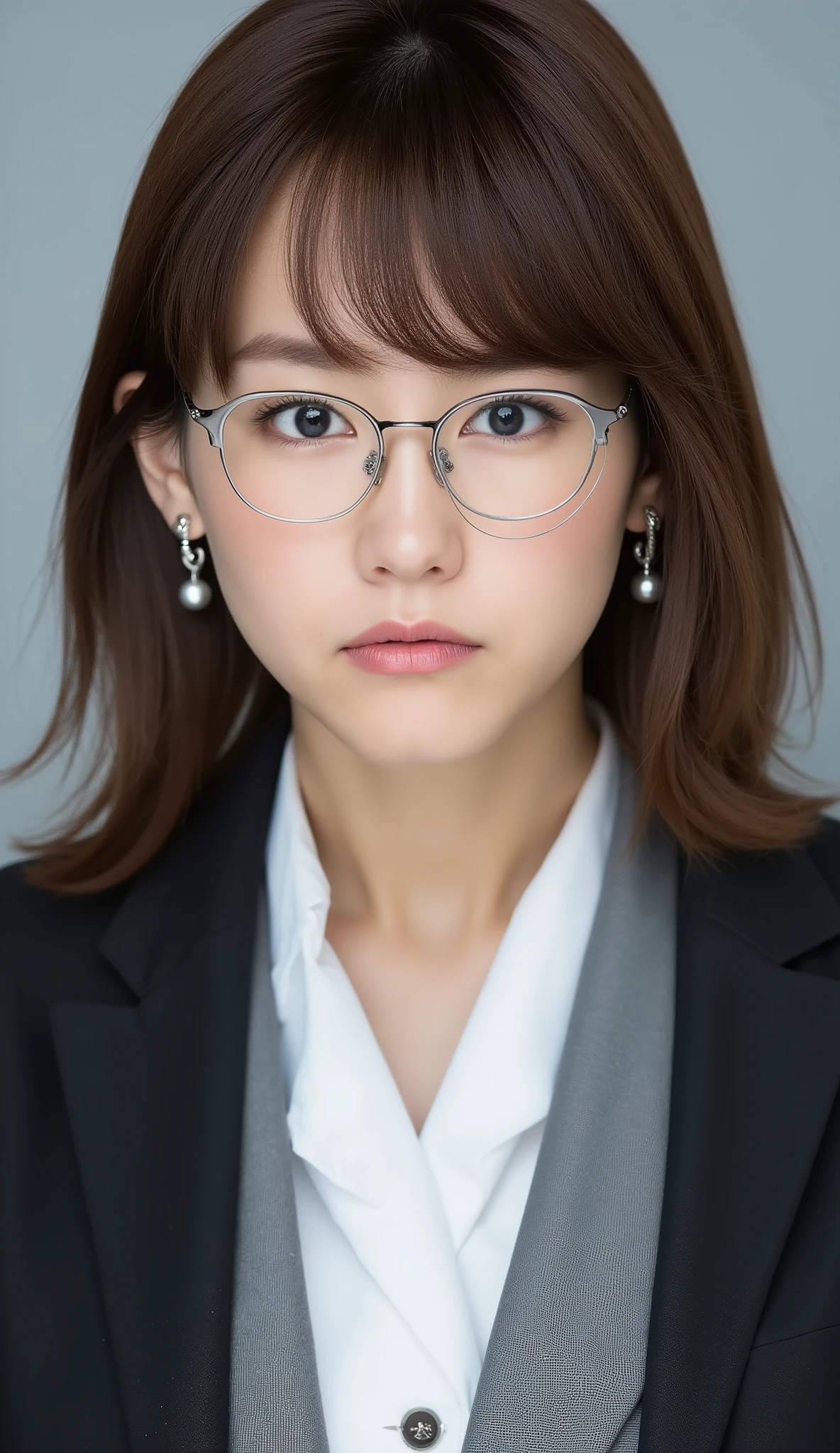 Passport photo of a neat young woman、camera list、thin metal frames、office lady suit、jacket、shirt、ear piercings、前髪あり、怒り顔、has closed its mouth、への字口、face close-up、grey background