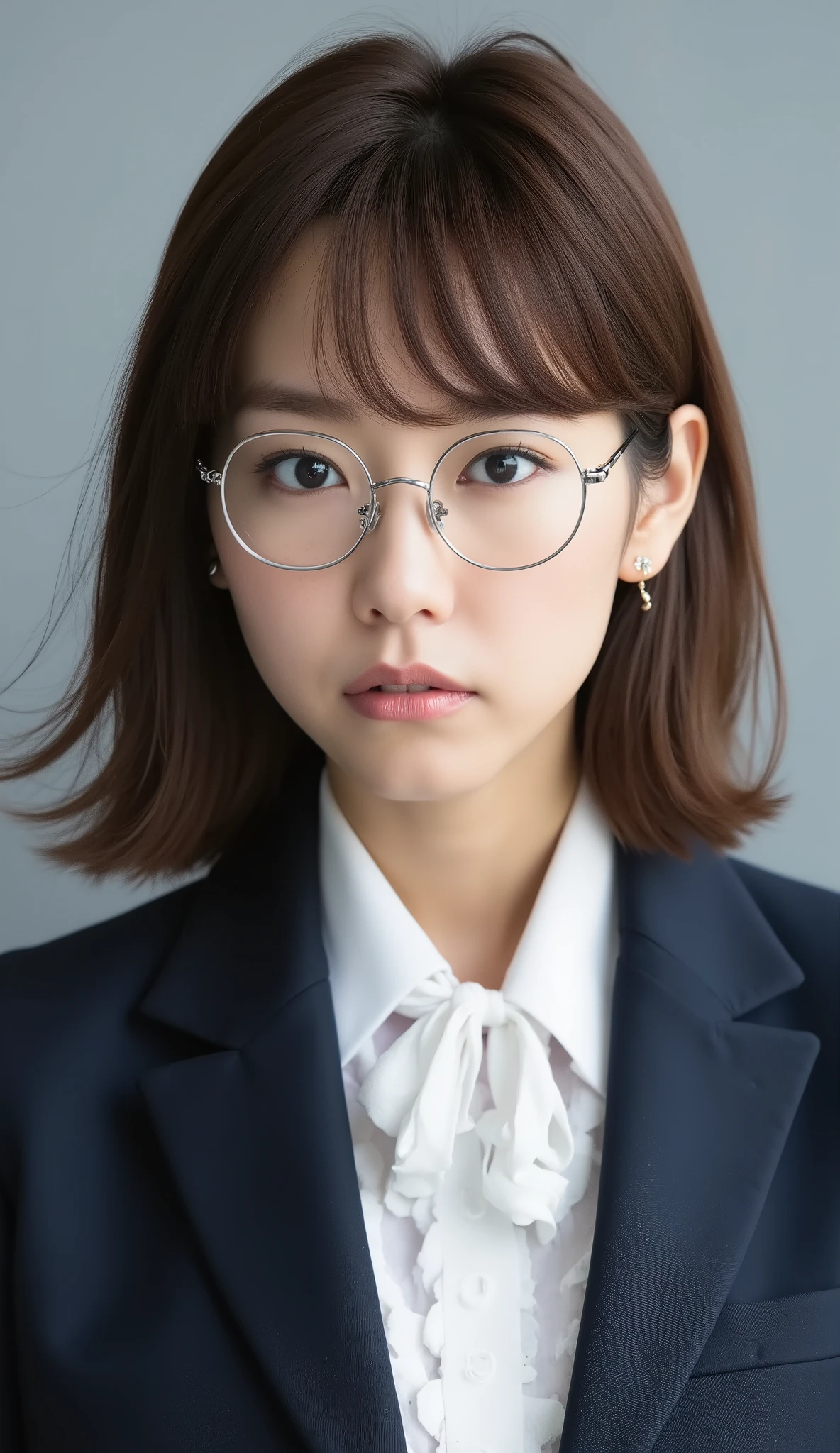 Passport photo of a neat young woman、camera list、thin metal frames、office lady suit、jacket、shirt、ear piercings、前髪あり、怒り顔、has closed its mouth、への字口、face close-up、grey background