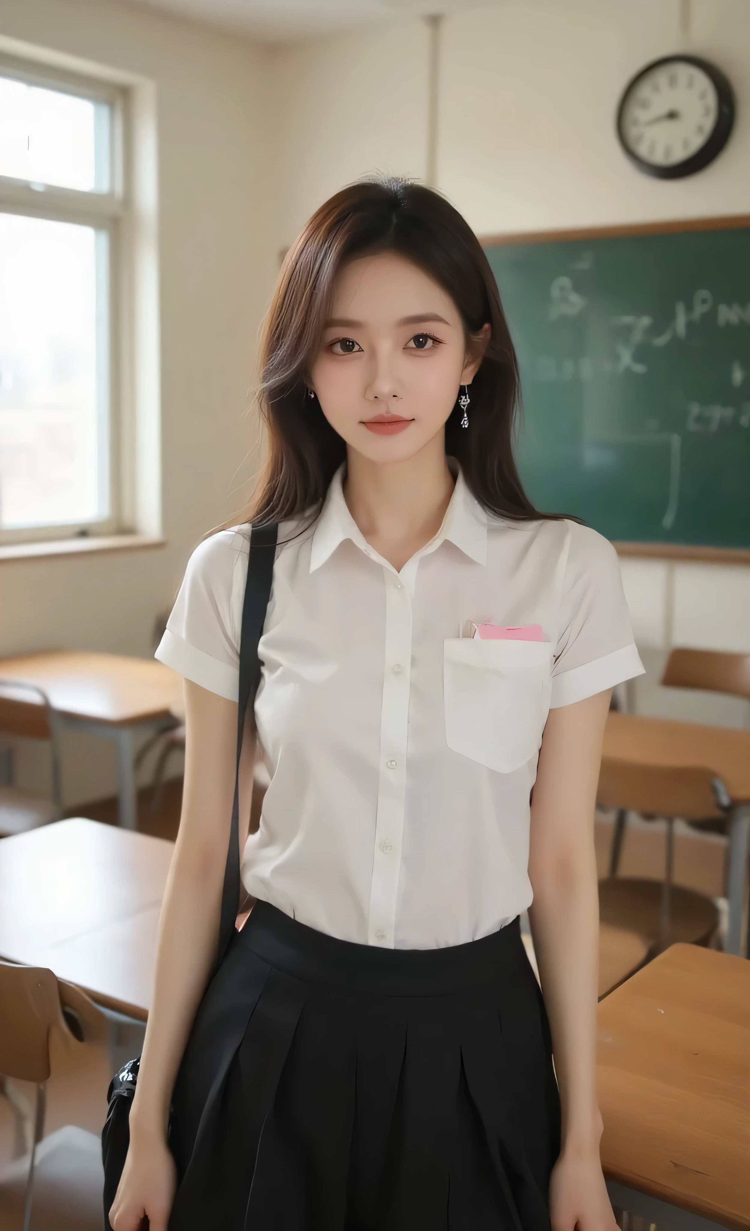 nannan,full-body portrait , panoramic, A young woman stands in the classroom , A small hair clip , Filtered by soft sunlight through the large window on the left . She wears a school uniform consisting of a short-sleeved white shirt and a pleated black skirt {x}. Her shirt is slightly unbuttoned at the top , , Below, a touch of pink on her clothes . Her long brown hair is neatly styled ,side, complement her youthful appearance . She carries a black bag over her shoulder , Adorned with a cute pink keychain . Behind her , Empty wooden tables and chairs suggest a typical school setting . The walls, painted in soft hues , , Creating a tranquil and diligent atmosphere , Enhanced by the reinforced background of the walls The clock indicates it is early morning 。