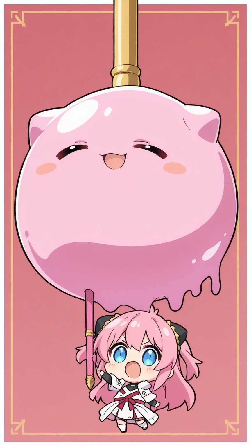 (top quality)、(8K)、style anime、((chibi)),1girl、Seul、Pink creature　pink stick of mud in the middle and the  on the left and right　invocation de dragon     