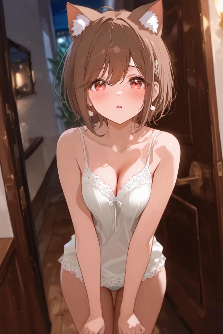 masterpiece, Highest quality, High resolution, Gloria1, 1 Girl, Gloria\(Pokémon\), Brown Hair, , Brown Eyes, , Short Hair, , Bobcut, bangs, , 　１Describe a girl carefully　１Girl　Expression in love　blush　Open Mouth　blush　church　Wedding dress（）　breast enhancement