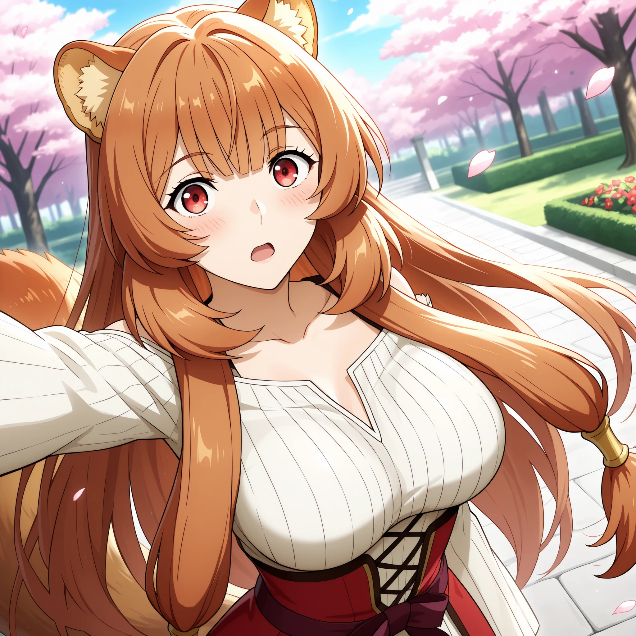 Raphalia , Tate no Yuusha no Nariagari, raccoon ears. round red eyes orange hair with rounded animal ears and fluffy tail, fair skin slender figure and big breasts. She wears Miko outfit Raje de Saserdotisa.  WHITE AND RED. Background of a Japanese garden cherry trees . petals falling , Highly detailed anime art, vibrant lighting, and smooth , glossy skin .surprised and embarrassed red face open mouth . selfie.