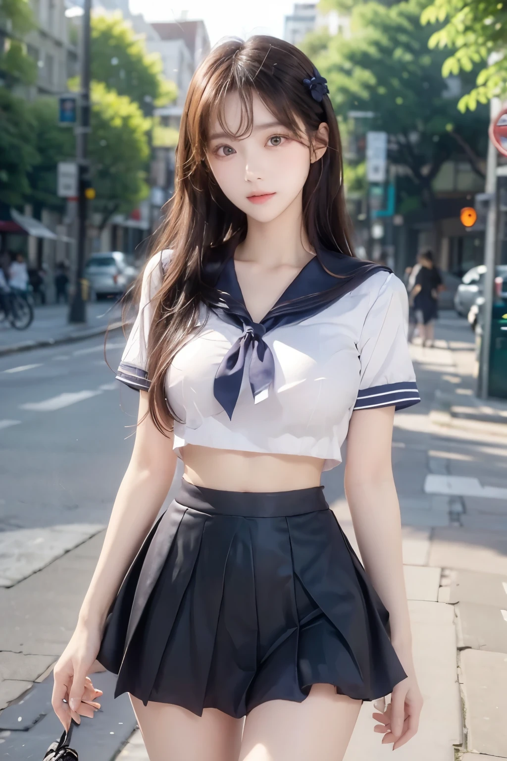 
( Super High Definition), (I'm looking over here), (school uniform:1.2, sailor suit, flared skirt), (Big Breasts:1.2), (Slimness:1.8), ( Read more:1.4), (thin thighs:1.4), ( thin hips:1.6), ( beautiful skin, shiny skin,  white skin), (Super slim face, Super beautiful face, makeup,  Smile :0.8), ( light brown hair,  semi-long,  layered cut ,  fluffy hair), ( big eyes:1.4, High corners of the eyes:1.6,  double eyelids), (Thin eyebrows:0.1), ( small nose:0.6), ( thin lips:0.6), downtown