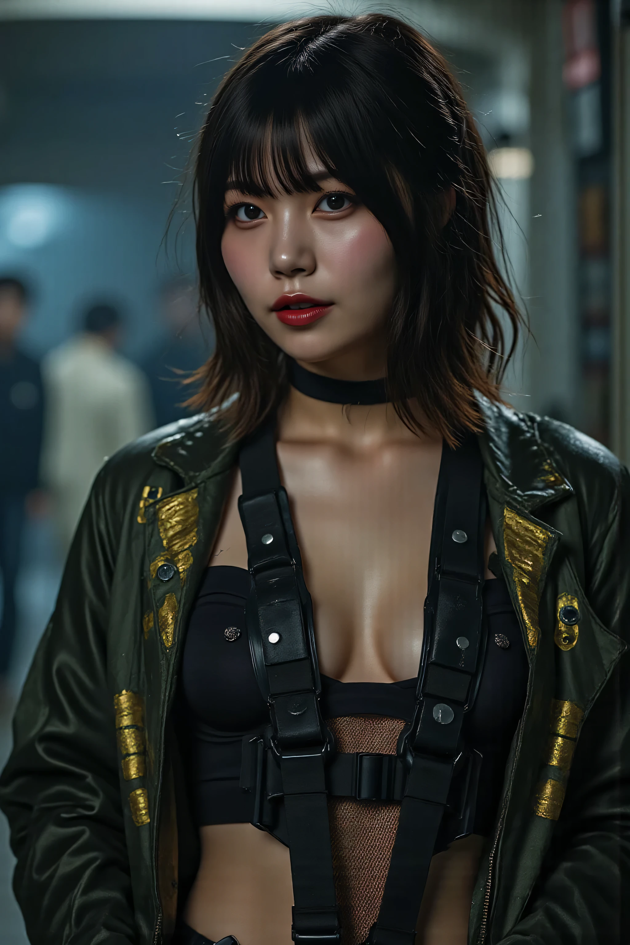(((The pitch-dark interior of the Nostromo ship:2.0))),(((HR Gigger Style Cyberpunk Atmosphere:2.0))),one woman,(cute face:1.5),(Beautiful well-balanced face :1.7),((wavy black hair:2.0)),(beautiful eyes:1.3),glamorous shot of a 20-year-old Japanese woman,Beautiful Slender Body,((model body type:2.0)),((slim body:1.7)),perfect body line,ideal proportions,((big breasts:2.0)),((F cup chest:1.5)),big boobs,Bare thighs,sensual thighs,delicate body,(muscular:1.7),harmonious posture,((Realistic breast depiction :1.7)),((carefully depicts limbs based on perfect anatomy:2.0)),((Black Special Forces Style Tube Top Bikinis with Harnesses:2.0)),((Black Super Tube Top Bikinis with Underbreasts Protruding:2.0)),((((Black Military Coat with Open Front:2.0))),((tactical holster:2.0)),(((Fishnet tights with garter belt:2.0))),(Gloves:1.3),Concept Art,(Highest Quality:1.5),(masterpiece:1.5),(超高Resolution),Resolution,UHD,(Delicate Depiction),carefully drawn,32k,((Realistic Skin Texture:1.5)),(((Ultra Realistic:1.5))),carefully drawn eyelashes,Highly Detailed Face,highly detailed female hands,sexy appearance,very sensual,(Blurry, dim background:1.5),professional photography,(Movie Lights:2.0),((Blade Runner Style Lighting:2.0))
