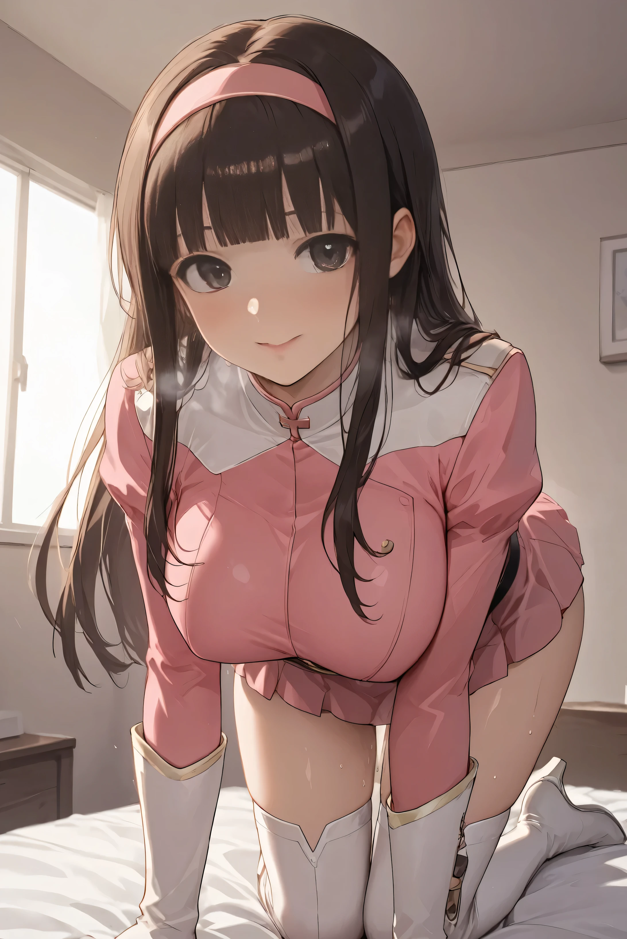 Sayaka est une personne qui aime les animaux._Yumi,Devant,du bas,1 Femme,Seul,regardant le spectateur,NSFW,
je_,frange mouillée,mèche de cheveux sur les tempes,yeux noirs,frange droite,bandeau rose,cheveux bruns,long mèche de cheveux sur les tempes,cheveux longs,

combat_uniforme,robe rose,culotte blanche,mini-jupe,manches longues,gants blancs pour les coudes,col blanc,ceinture jaune,boucle noire,bottes de genou,boucle circulaire,zone de jambes absolue,
bottes blanches à lacets,bottes hautes jusqu'aux cuisses,chaussures à talons hauts,

belles jambes,cuisses très fines,Mollets fins,beau visage,belle peau,gros sein,taille étroite,gros plan des fesses,sourire,en sueur,incontinence,Souffle blanc,je can see her panties,Anatomiquement correct,
Highest Quality,chef-d'œuvre,haute définition,éclairage doux,
intérieur,penché,sourire,sur le lit,chambre à coucher,rougir,ivre