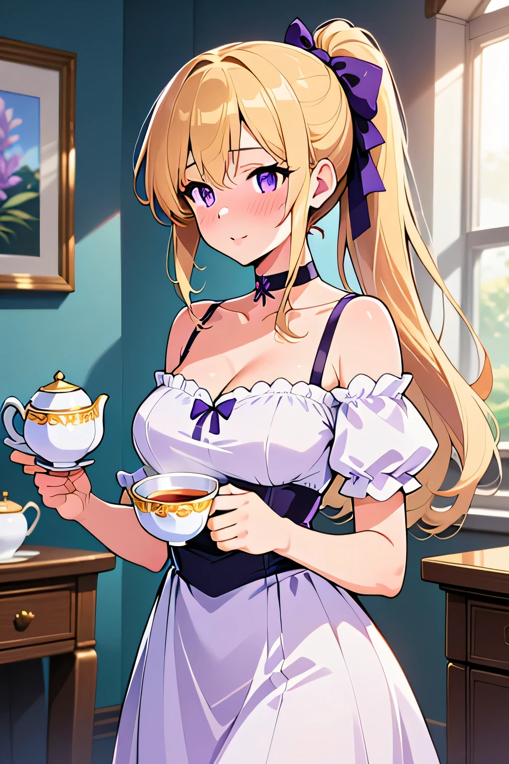 Abigail Wright(20's british woman, long dirty-blond ponytail, lilac soft eyes, slight blush, medium bust, average build) wearing(light-purple and white Victorian dress, lilac hairbow, black choker)holding a teacup