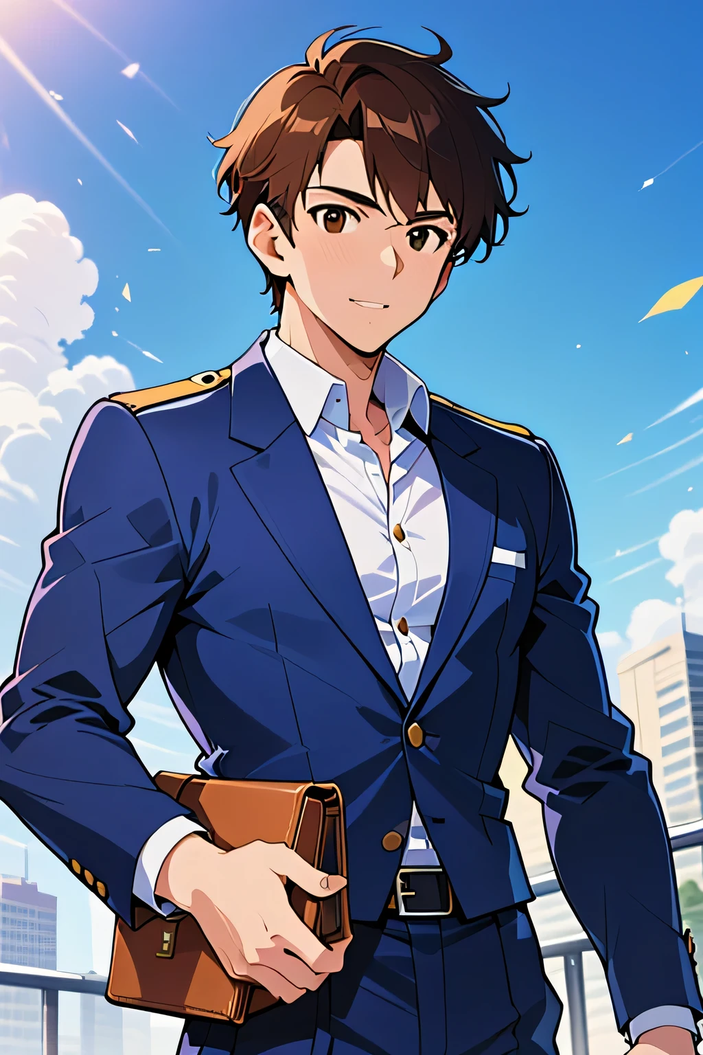 Andrew(British tall young man, medium brown hair, confident brown eyes, fit) wearing(open Blue suit jacket, White button-up shirt, blue slacks, black belt) holding a briefcase 