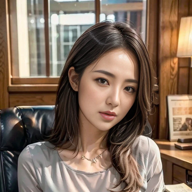 ((Realistic lighting、top-quality、8K、​masterpiece:1.3))、8K、Clear focus:1.2、:1.6,（:1.5）、((realisitic)) , ((Real Light、top-quality))、Model body type:1.4、(dark brown  hair、 out:1.2)、dark-brown eyes、length hair、big city、skyscraper、On the rooftop、(24 year old:1.3)、hyperdetailed face、A detailed eye、double eyelid、a necklace、Hair over one eye、high-heels、eye line、While standing、Open your legs