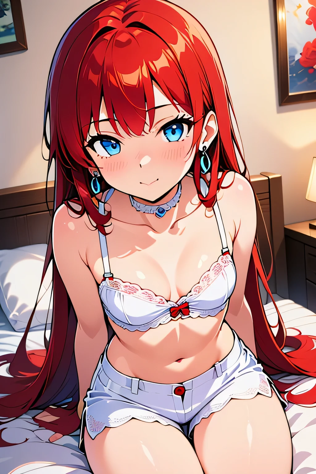 Audrey Nicole(young American woman, very long flowing crimson-red hair, piecing blue eyes, button nose, petite) wearing(white bralette, lacey white choker, long silver earrings, mini white shorts) sitting seductivly on your bed