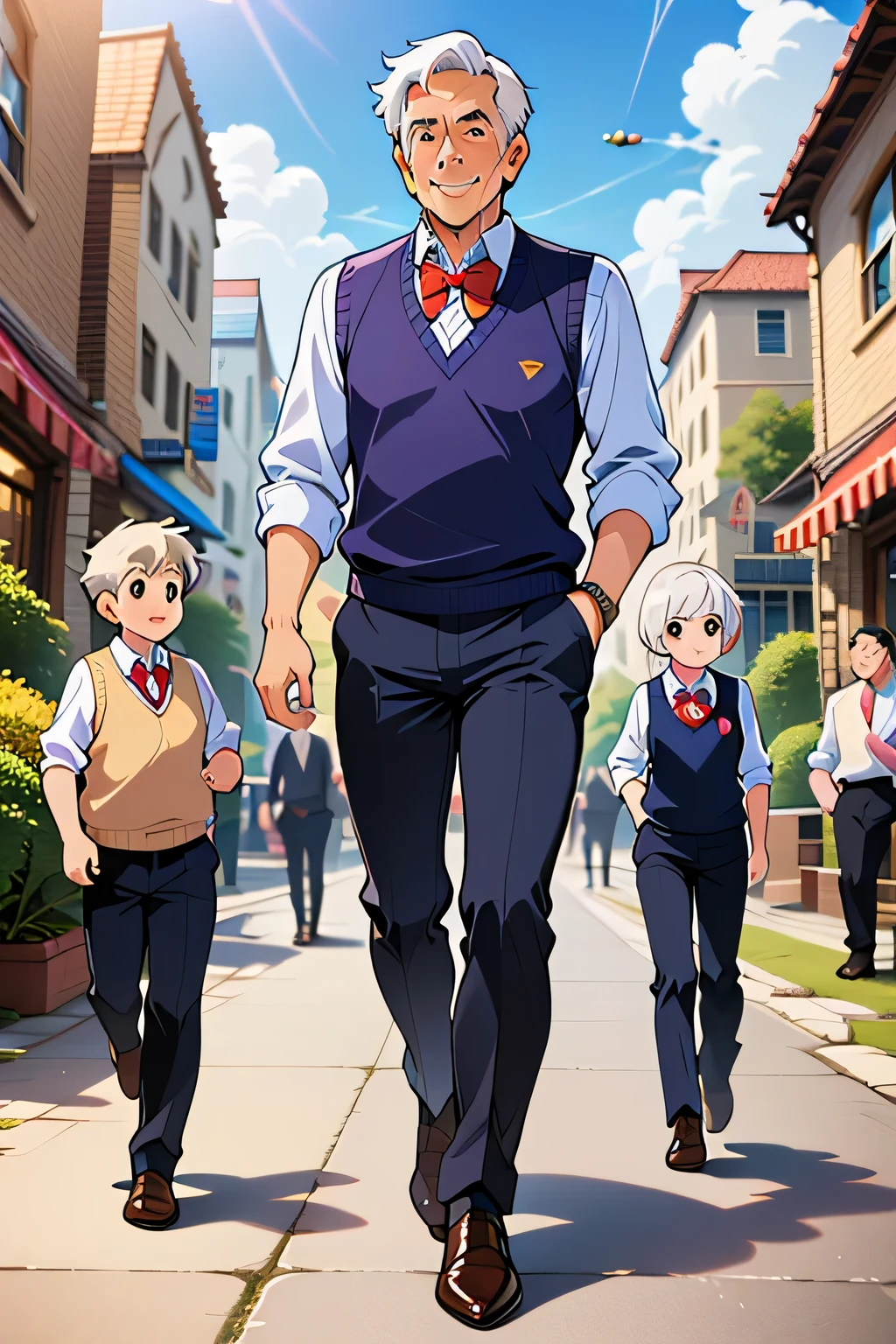 Bill Baxton(older Caucasian man, short, short white hair, wrinkles, brown eyes, slight belly) wearing(Sweater vest, bowtie, slacks, dress shoes) watching kids play