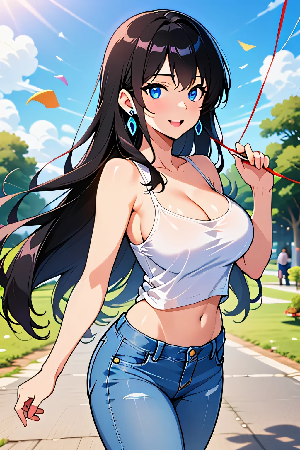 Blake Loveland(30's Greek woman, long black hair, blue eyes, large breasts, petite, carefree expression) wearing(loose white tanktop, jeans, earrings) flying a kite in a peaceful park