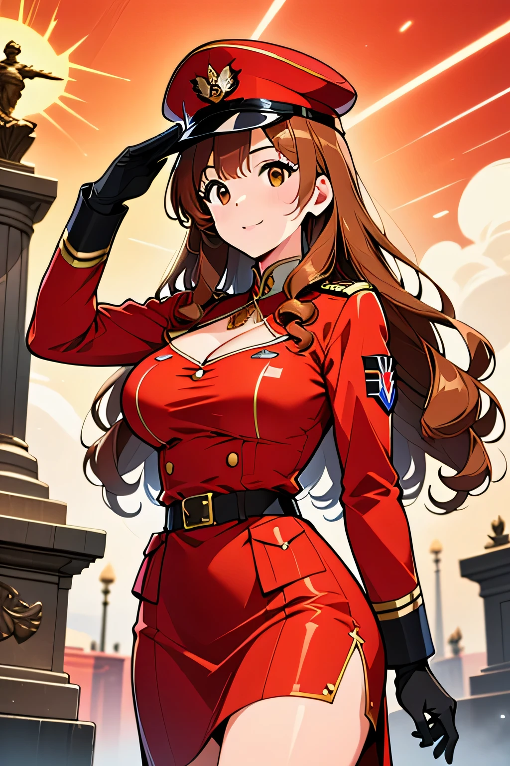 Catherine Rodgers(20's German woman, long curly Brown hair, striking brown eyes, fit, large bust) wearing(short crimson-red military dress, red military hat) saluting a statue