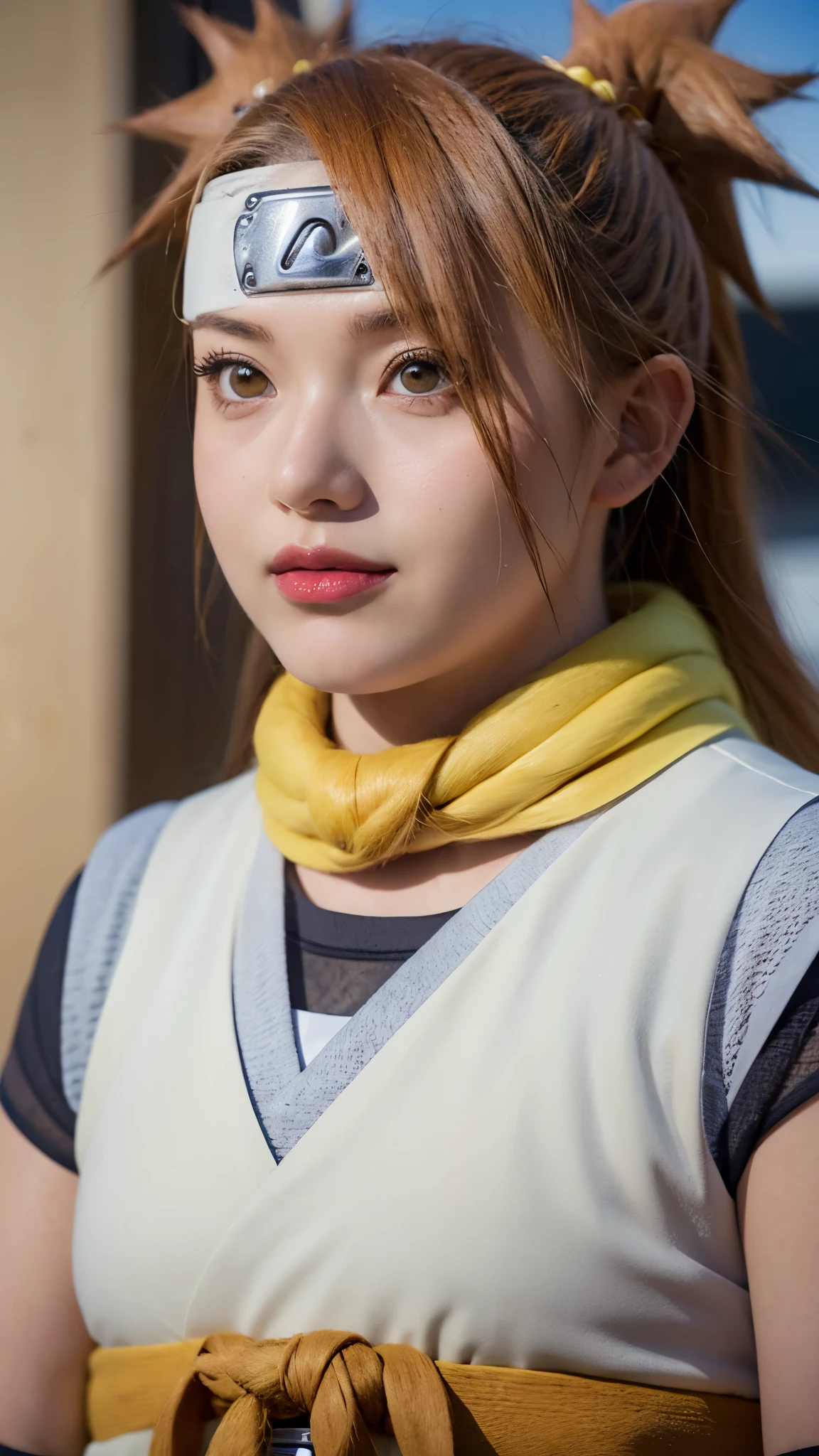 Chocho Akimichi from the anime Boruto: Naruto Next Generations, half-body portrait, wearing her maroon sleeveless jacket, yellow scarf, and dark gloves, confident and friendly expression, realistic hair and skin texture, detailed eyes and facial features, ultra-realistic HD quality, hyper-detailed lighting and shading, soft depth of field background, cinematic anime-style realism