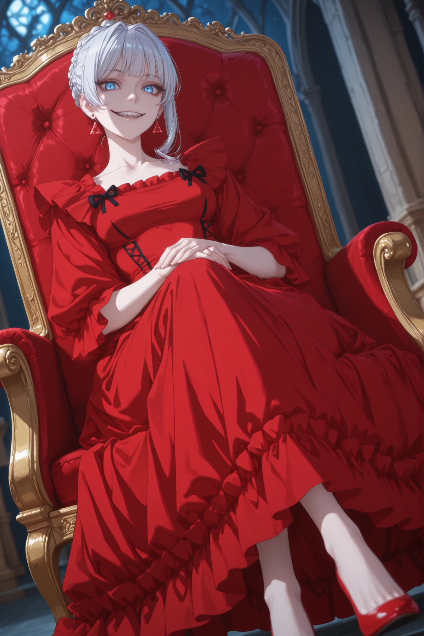 Scarlet El Vandimion, 1 girl, pink-silver hair, bangs, braided bun, blue eyes, sharp eyes, red triangle earrings, red dress, ruffled dress, long skirt, puffy sleeves, good anatomy, anatomically correct hands, in a palace, night, sitting on a throne, with legs crossed, looking at the viewer, creepy smile, attractive, Dutch angle, shallow depth of field, detailed photorealism, depth of field, 8k, HDR, superior quality, masterpiece, ultra-detailed, very aesthetic