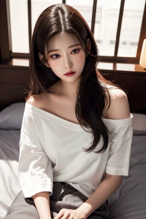 8K RAW photos，A high resolution，very Bigger ，Very tight ， circumference，bossy pose，sulky look，Nice bright blonde hair，校服，ribbons，The shirt，a skirt，School Classroom，sittinng on the desk，beautiful thigh，beautiful girl at 16 years old，with a round face，a baby face，Very small lips，Beautiful face in every detail，long eyelasher，beautiful double eyelid， Three white eyes，duck mouth，bluntbangs，耳 Ring，choker necklace，Expose 