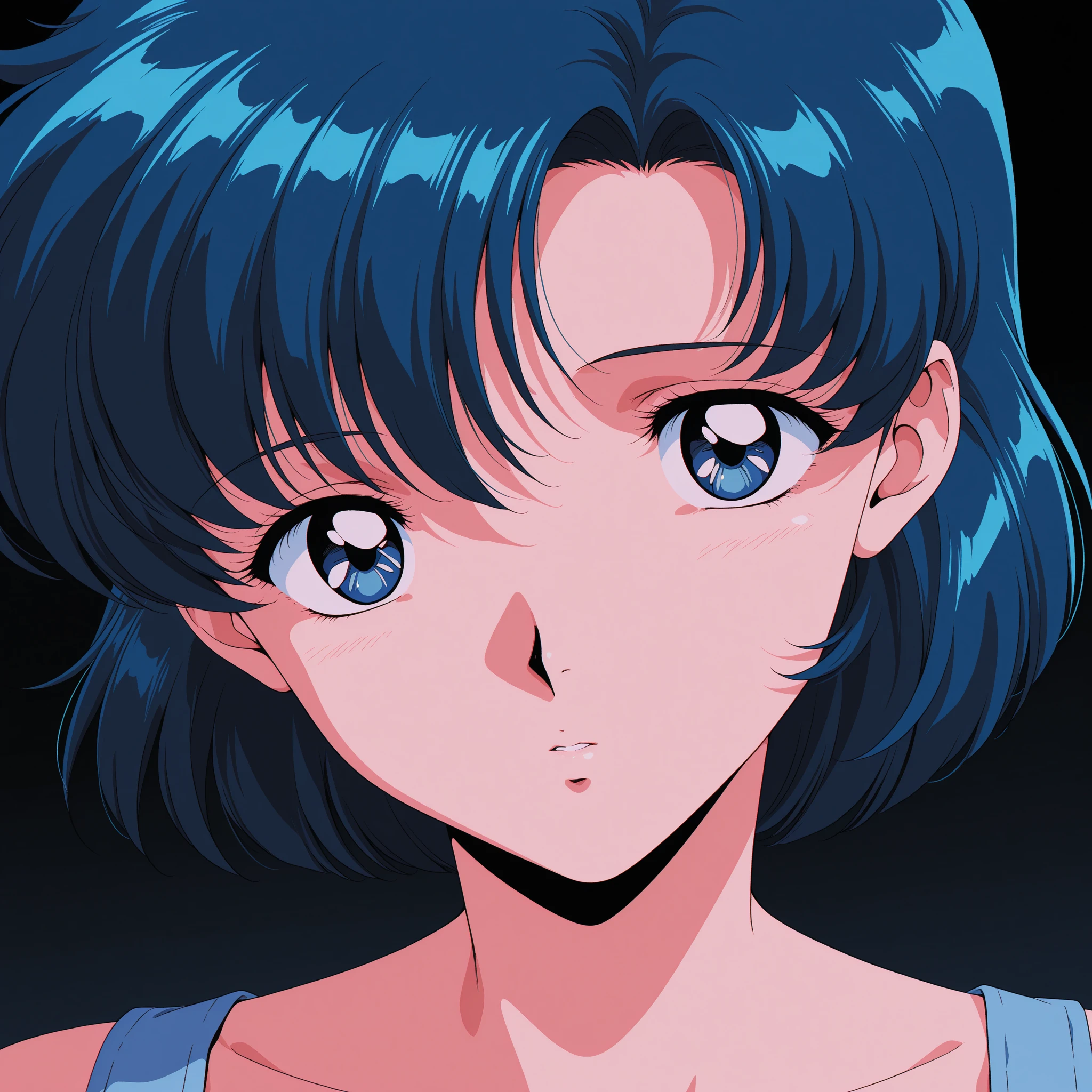 high quality, masterpiece, best quality, anime screen cap, 1girl, dark blue hair, white sleeveless shirt, shorts, ((Perfect , beautifull detailed face, Beautiful detailed eyes, beautiful detailed hair, Beautiful detailed body)), thick outline, Beautiful outlines, black outlines
