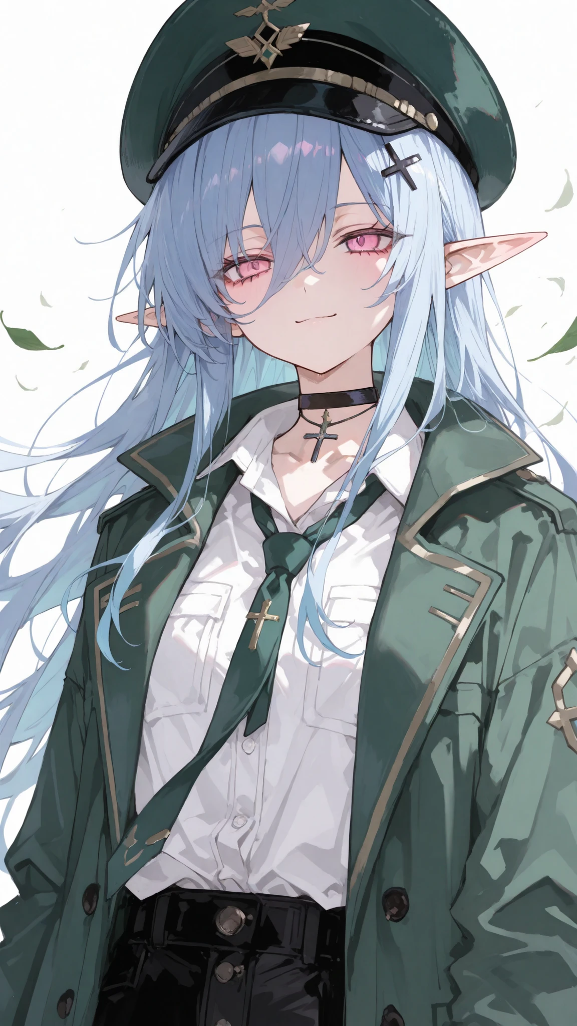girl,blue hair,Split hair,Elf ears,in pink eyes,white shirt,Green coat,Peaked hat,standing,Trousers,serious face,The wind,Necktie,hundredผม, Choker,The hair is a leaf.,Extra Wide Smiles,Smiling high ,hundred,Upper Body Shape,, the symbol of the cross,hairpin,white background, black choker ,cute