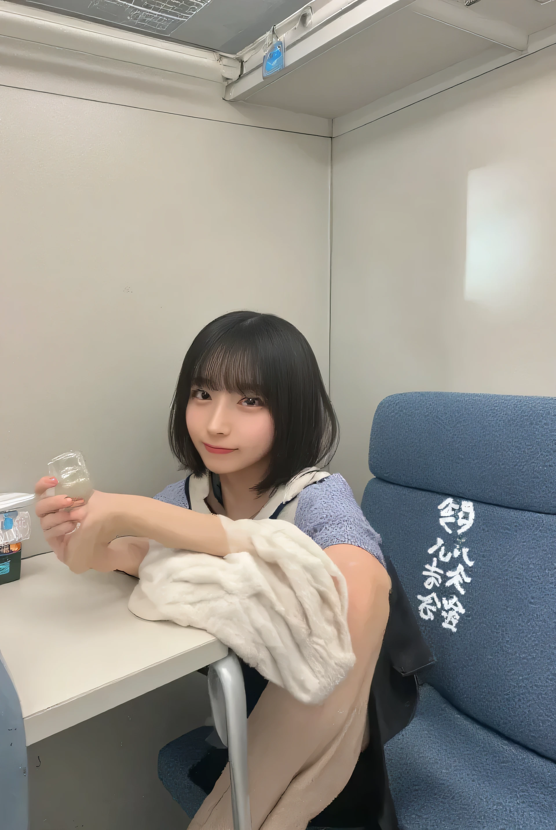 one japanese woman,(masterpiece, Highest quality, 8K, RAW Photos, beautifully、aesthetic:1.2),  Intricate details, indirect lighting, Realistic,(Realistic:1.4), (Exact Reproduction: 1.4), Medium Breasts, Facial Detail, Fine Eyes,small face,natural makeup,black eyes,

camisole,

smile, complicated details,  indirect lighting,  is present, whole body,  sitting on a train chair 、 Stares at the audience 、Peeking、 ( is present:1.4), ( Accurate Reproduction : 1.4),  huge breasts, miniskirt length , all, beige pantyhose , (((open legs))),(hairy wet pussy visible)