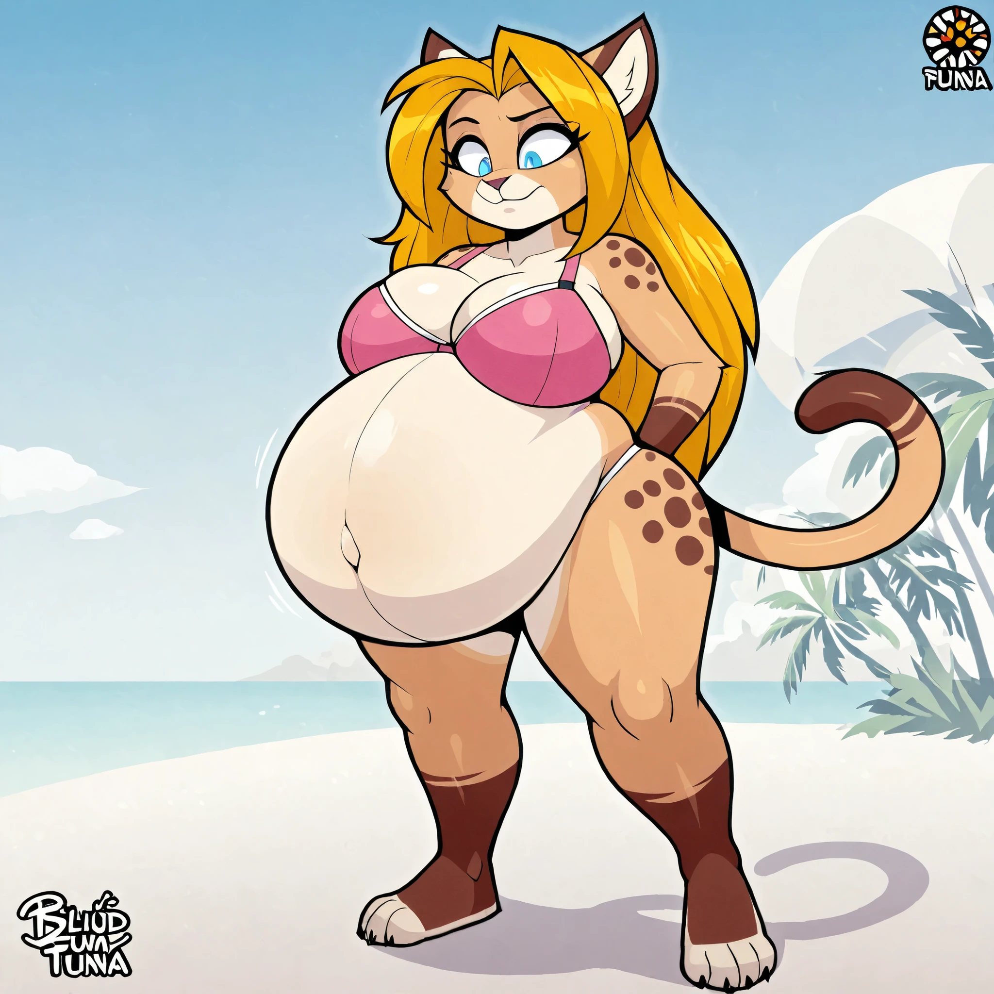 beige puma, feline, furry, female focus, big belly, fat body, big breasts, blond long hair, light blue eyes, pink bra, white thong, tropical island, full body, nsfw