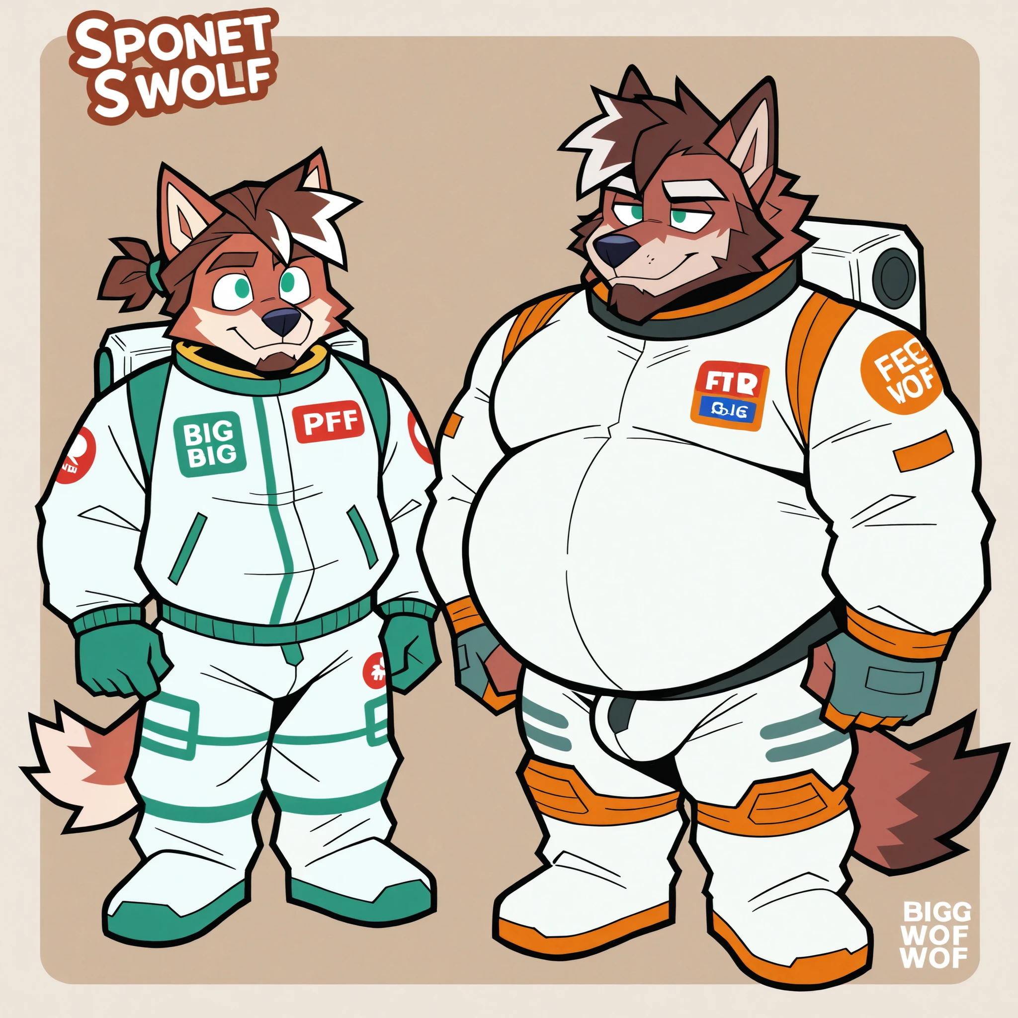 Red wolf, furry, male focus, big belly, fat body, huge muscular, long brown hair tied with white highlights on the fringes, brown beard, green eyes, Astronaut Suit, bulge, full body