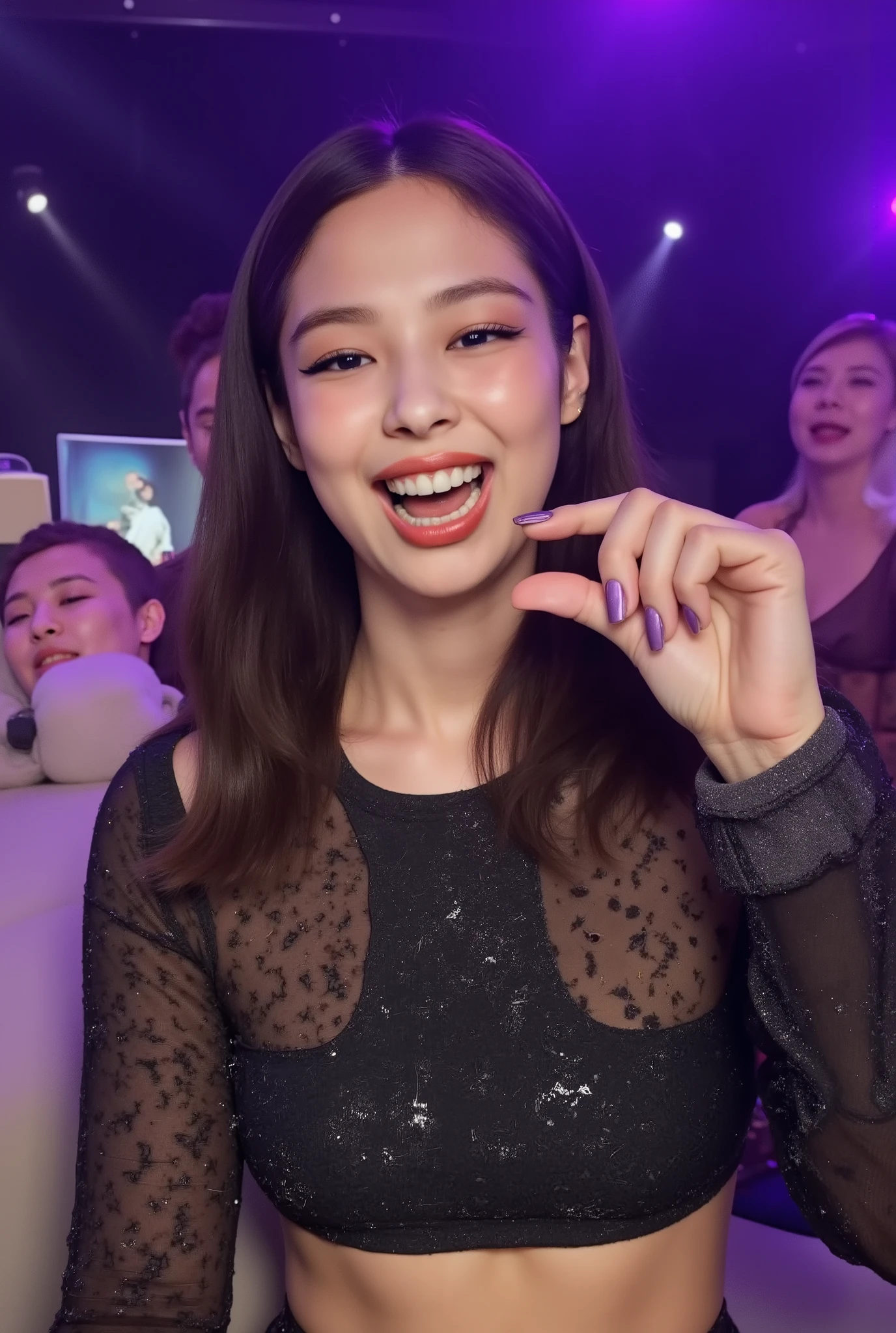 amature photo, A beautiful young girl laughing. realistic,sphf1ngers, sph, beautiful hand, 5 finger, looking at viewer,indoors, sitting, sweat, laughing woman, night club, crazy laugh, live stream,, Jennie Kim with a male, polaroid photo