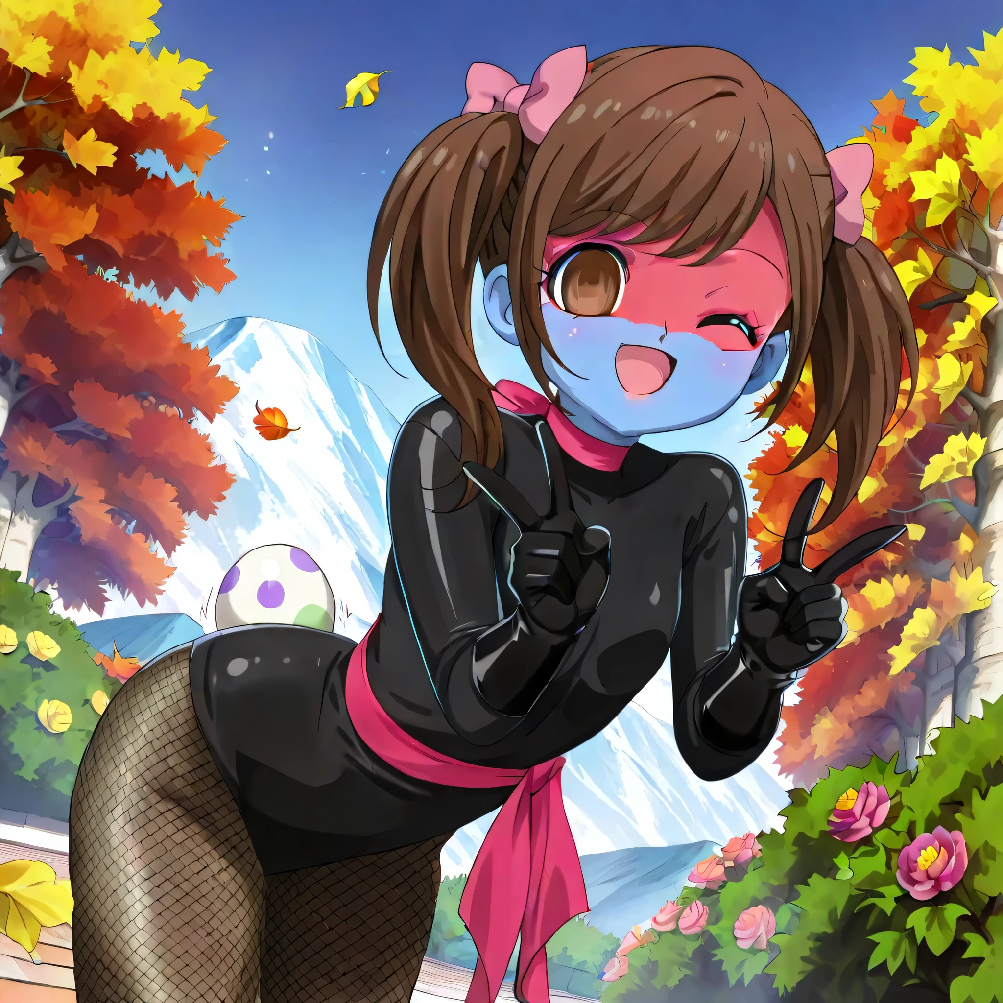 (((Masterpiece))), (((Best Quality))), ((Super Detail)), ultra-High resolution, score_9,score_8_up,score_7_up,score_6_up,score_5_up,score_4_up, BREAK, source_anime, anime screencap, uncensored, Masterpiece, (best shadow), (absurdres), (detailed background), (very aesthetic), detailed beautiful eyes, outstanding, an exquisite animation illustration, curvy, highres, shiny clothing, dark persona, empty eyes, blank eyes, shocker, black leotard, latex elbow gloves, brown fishnet pantyhose, blue skin, colored skin, red sash, makeup, red skin, (((solo, 1girl))), hair ornament, pose, submissive pose, anime style, anime coloring, animification, megami magazine, pose, dynamic angle, cinematic angle, dutch angle, small , kokoroy, kokoro_cocotamaS1, cocotamaS1 \(style\), brown hair, long hair, short twin tails, pink bow, hair bow, swept bangs, brown eyes, day, clear sky, sunlight, autumn leaves, tree, bush, falling leaves, wind, mountain, windy, smile, happy, open mouth, looking at viewer, holding egg, dynamic pose, motion line, egg, wink, , leaning forward, arched back, peace sign, peace sign pose, v, flower, flower petal, petal,