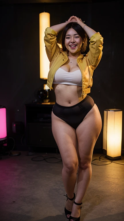 (((1 girl))), a lonely woman, VioletMyers, (25 years old) realistic style, ((straight black hair)) ((very straight hair)) (((straight hair parted in the middle))), ( (very straight black hair)) ((black eye makeup)) ((black lined eyes)) ((very thick lips)) ((large forehead)) (((large cheekbones))) (((thin face)) ) (((wide perfect smile))) ((smile that shows perfect teeth)) (((perfect teeth))) (((wide forehead))) ((clear forehead))) ((thin)) (( (very thin))) ((flat ?????)) (((very flat ?????))) ((small waist)) curvy, characteristics, big booty, body features, wide ????, flat abdomen, thin abdomen, (((thighs very thick))) (((very thick legs))) ((frontal half-body photograph)) ((standing)) (((completely ?????))) (((night disco background))) ((looking at the viewer)) ((front pose looking at viewer)) ((fat legs)) ((fat thighs)) standing with legs together, (((upright standing pose legs close together))) skinny torso, very thin torso , ribs visible, rib bones visible (((?????))) (((extremely wide thighs))) (((photo from the front))) ((extremely wide ????)) (((extremely wide thighs))) (((brown skin))) cellulite (((perfect standing pose))) (((half-length photo))) (((disco lights))) ((blurred disco party background)) ((( extremely thin torso))) shortstackbt, (((((half-length photo))))) plump, shiny, ((close-up photo)) ((shaved ??????))