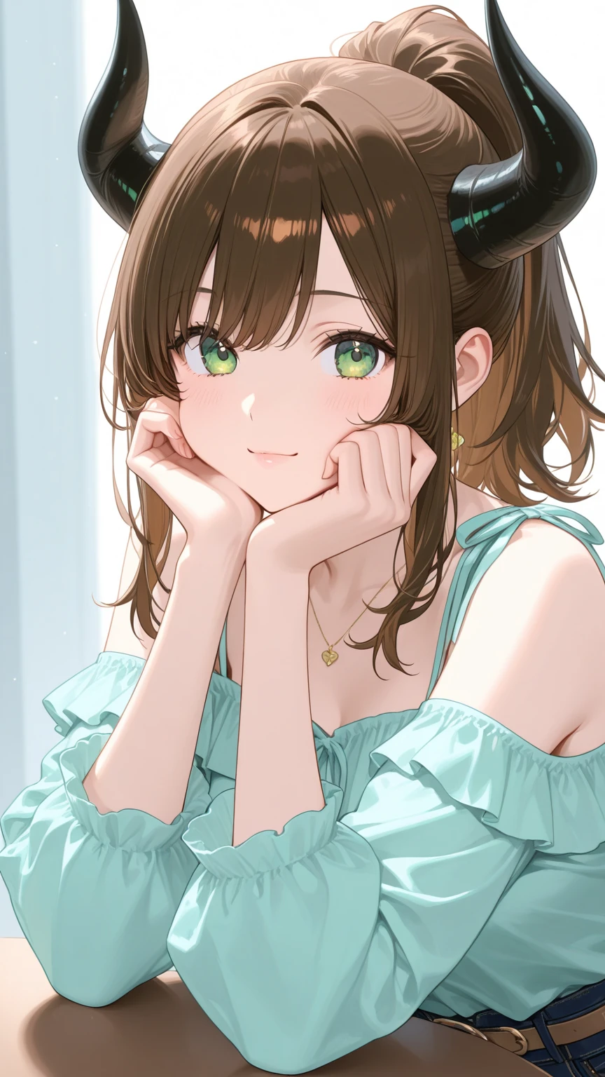 (8K, Best Quality, Masterpiece, Ultra High Resolution) 1 Girl, Short, Beautiful Eyes, Face Details, Long Light Brown Hair, Green Eyes, Pale Skin, Casual Dress,  Body, Large , Sitting on Sofa Masterpiece, Best Quality, Upper Body, Looking at the Viewer, Facing Viewer, Close Up