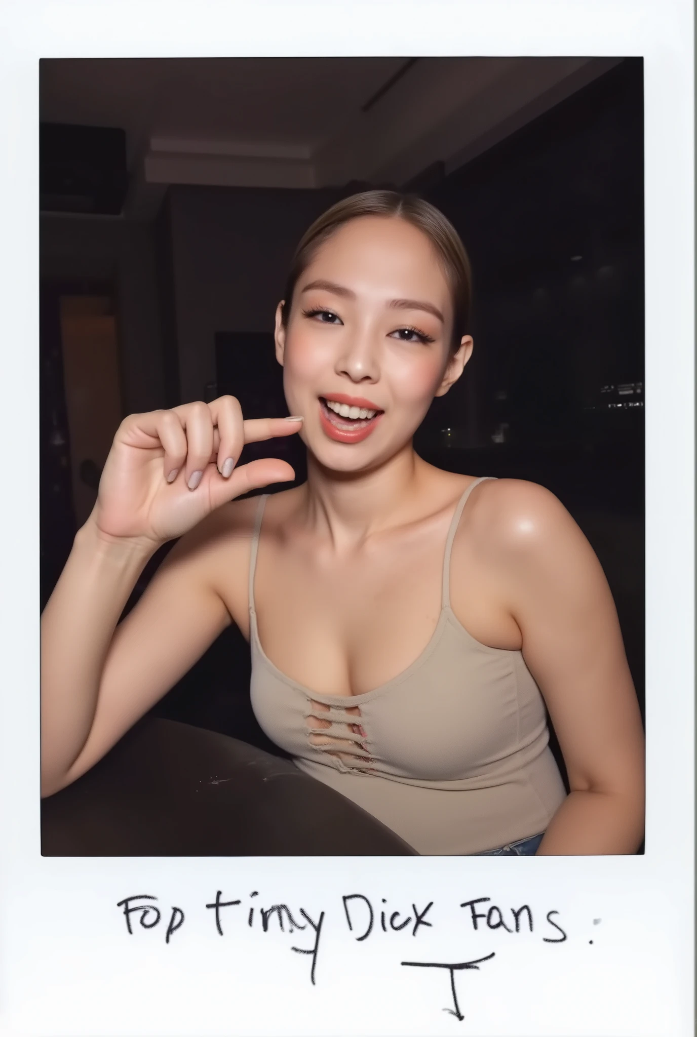 amature photo, A beautiful young girl laughing. realistic,sphf1ngers, sph, beautiful hand, 5 finger, looking at viewer,indoors, sitting, sweat, laughing woman, night club, party, bar, crazy laugh,, it writes "For tiny Dick Fans!" on the photo, polaroid photo, white frame