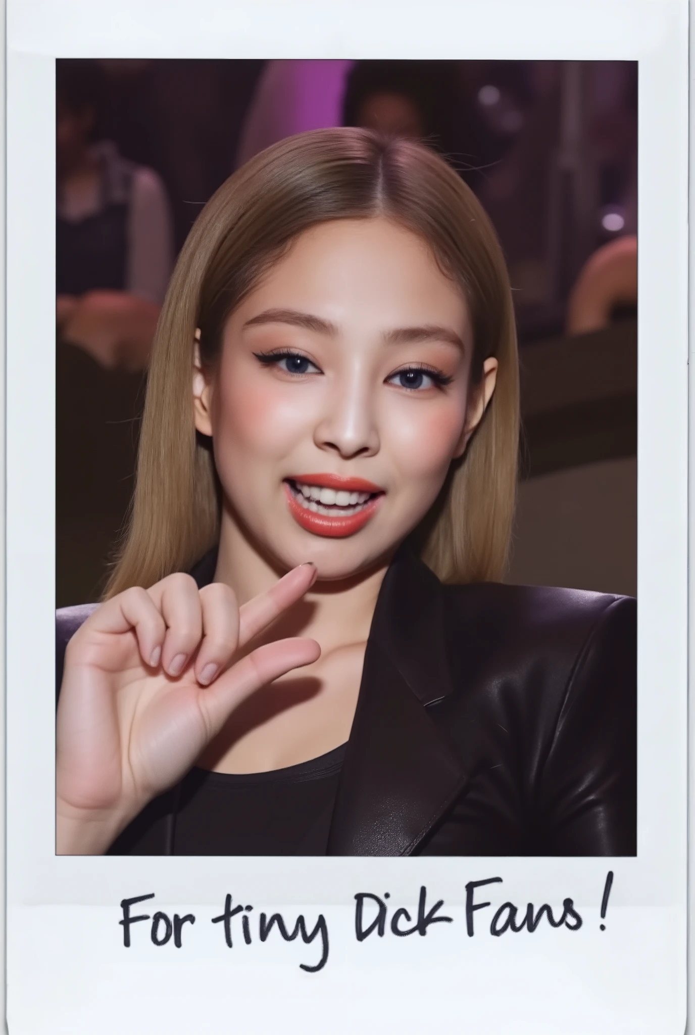 amature photo, A beautiful young girl sneering. realistic,sphf1ngers, sph, beautiful hand, 5 finger, looking at viewer,indoors, sitting, sweat, laughing woman, night club, party, bar, crazy laugh,, it writes "For tiny Dick Fans!" on the photo, polaroid photo, white frame