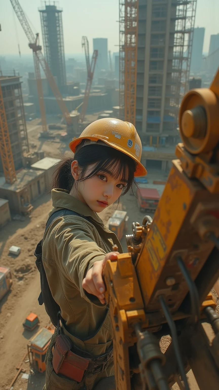 1 constructor woman, cute, assembling scaffolding at a construction site, climbing to a high place, close up