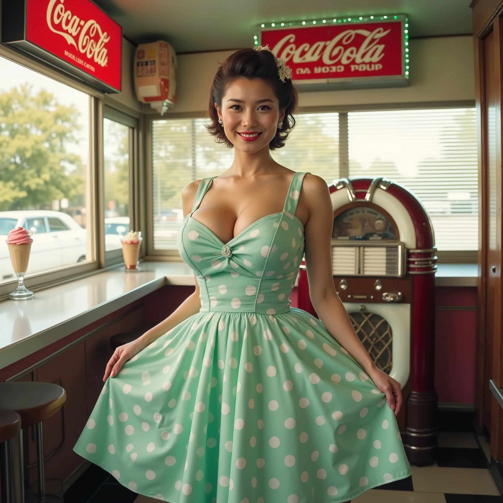 Beautiful 1950s Curvy Pinup Model。Pastel Polka Dots I'm wearing a patterned swing dress 、 perfect hourglass body 、 Classic red lipstick and Victory Roll hairstyle 、Sparkling Smile with Subtle Dimples、I'm standing in a vintage American diner surrounded by classic Coca Cola signs and checkered floors。and a vintage jukebox shines in the background。Chrome and Neon Details、Pastel Mint Green and Cherry Red Color Scheme 、Soft afternoon sunlight shining through Venetian blinds 、 Classic Car Seen Through Window 、 Retro Milkshake and Sunday on the Counter 、 Kodachrome Color Palette 、 professional photo 、 8K quality 、 nostalgic atmosphere 、 Medium Full Shot Composition 、 Subtle Fill