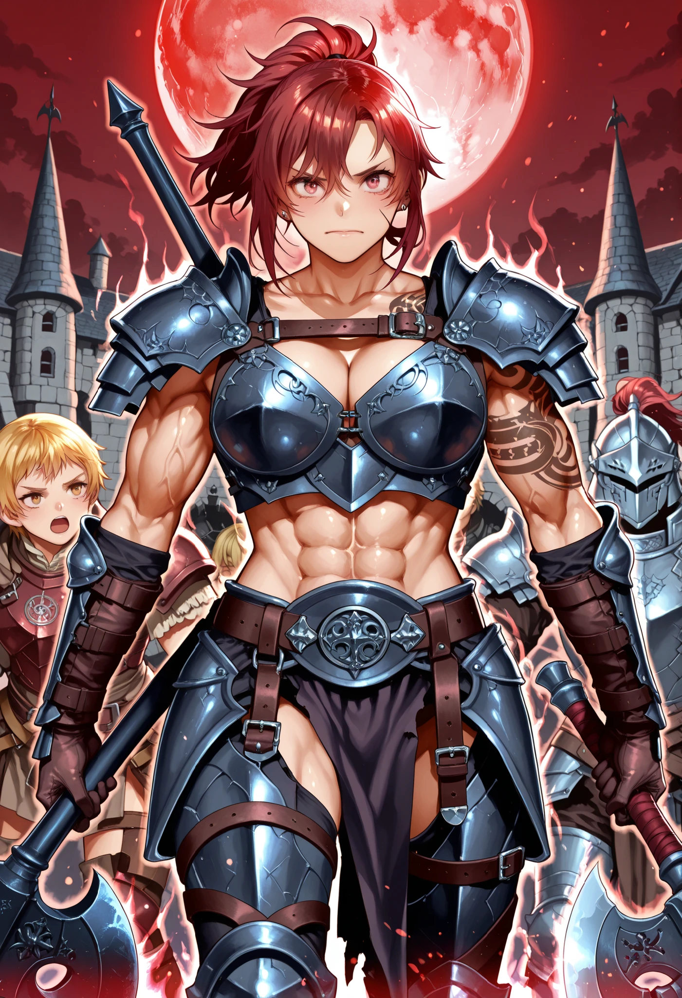 score_9_up , score_8_up , score_7 , masterpiece, fantasy world, Prairie with castle walls visible in the distance, Red Moon, 2girl, Two female warriors are lined up, beautiful detailed face holding a battle axe, (onna_tomodachi, red hair ponytail hair, Wearing leather armor), (sumire_nakanita, blonde short hair holding a battle axe, Wearing metal armor, cool look), A large sword with the aura of a dragon, shoulder armor, belt, piercing, tattoo, armor, abs, biceps, cleavage