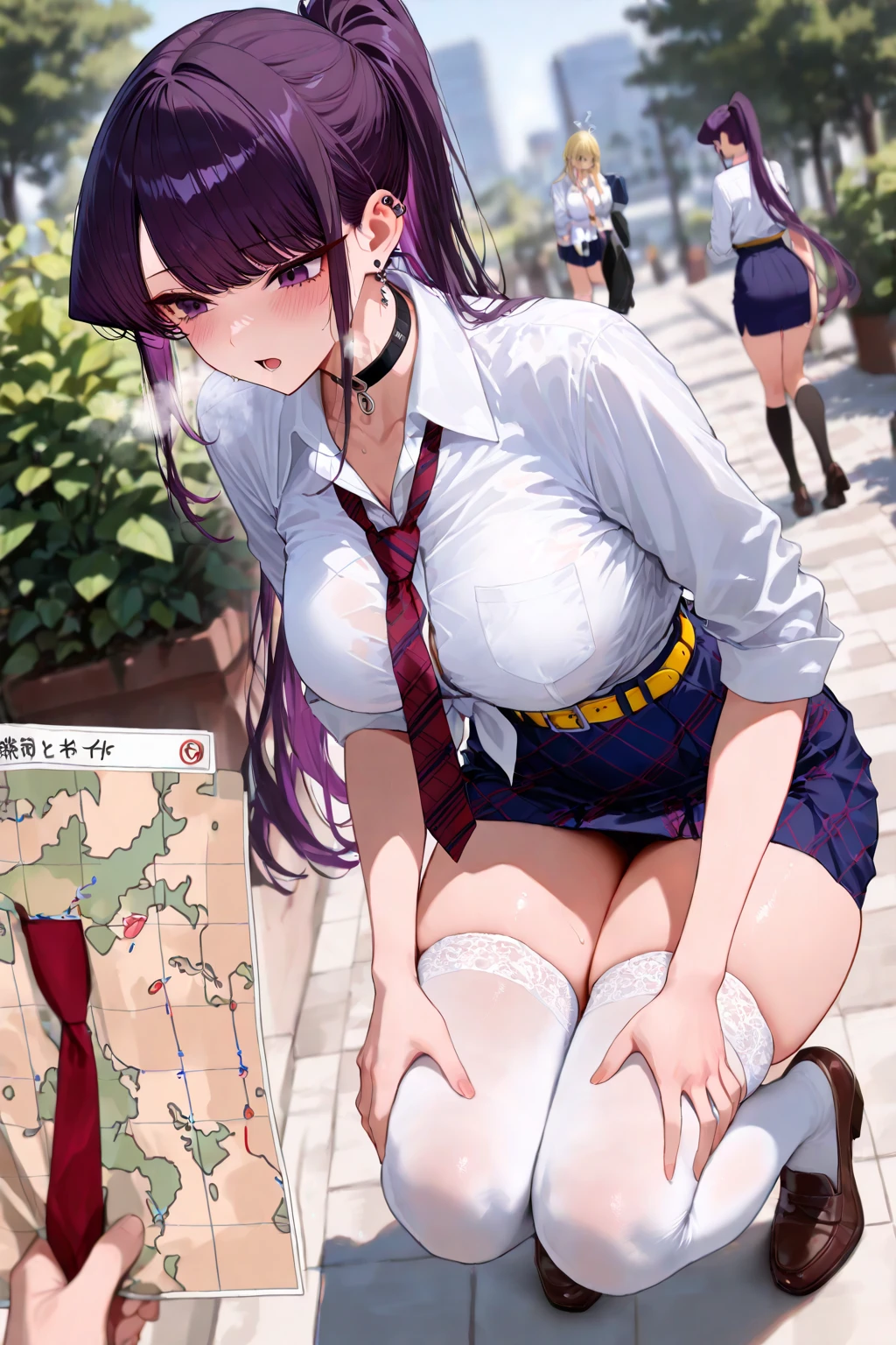 最high quality, 8k, High resolution, high quality, masterpiece, beautiful, (Anatomically correct:1.2), Face in perfect detail, 40s, A beautiful woman, Silky black hair, Short Bob Hair, Bangs that expose the forehead, Purple eyes, Beautiful Skin, Attractive person, Soft, swaying big breasts, Short stature and thin build, public indecency,undress,coat, public indecency, nsfw, spread her pussy, heavy breathing, love juice, Squat, Bench at night,