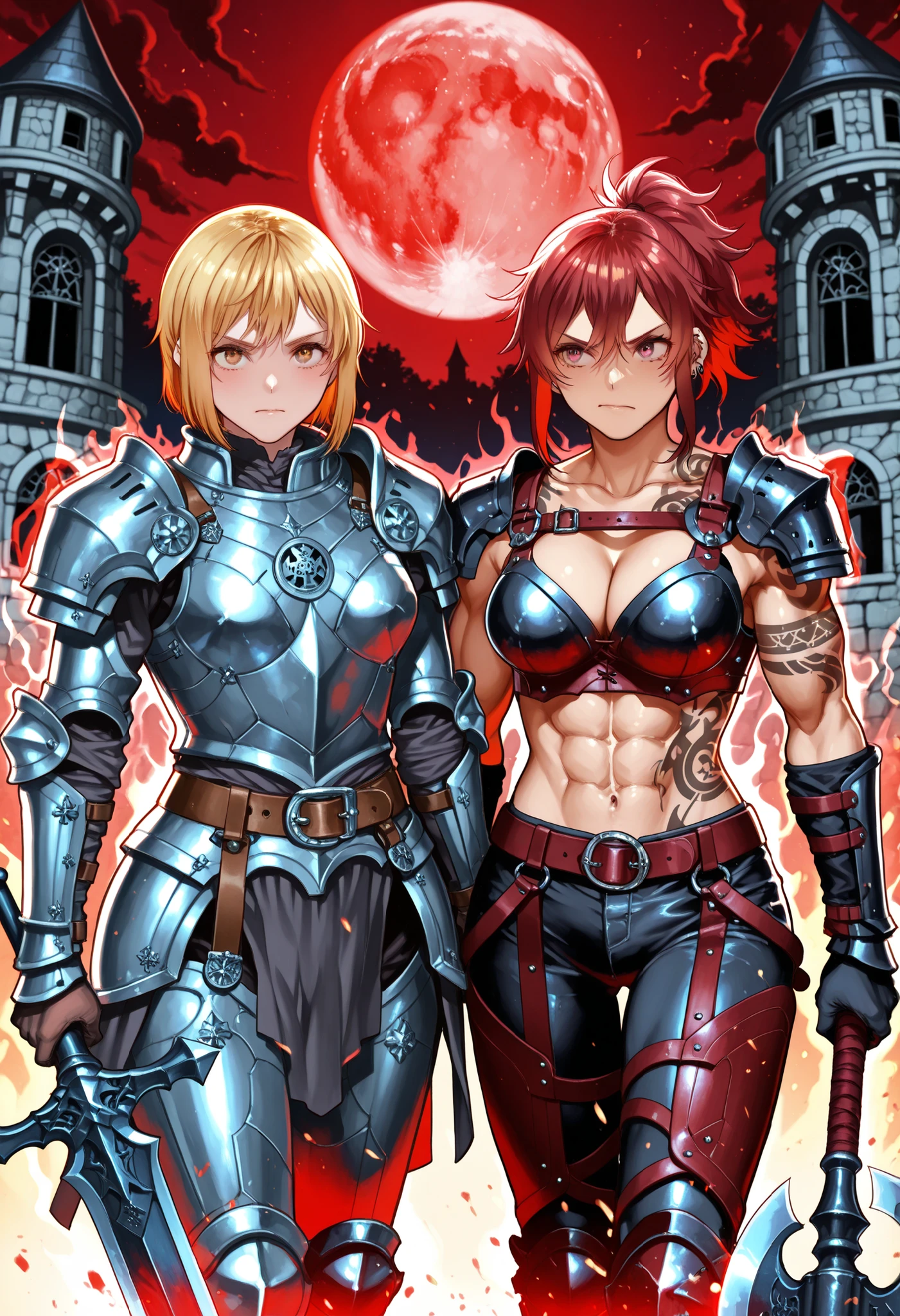 score_9_up , score_8_up , score_7 , masterpiece, fantasy world, Prairie with castle walls visible in the distance, Red Moon, Two women stand side by side, beautiful detailed face holding a battle axe, (holds a large sword), (onna_tomodachi, red hair ponytail hair, Wearing leather armor), (sumire_nakanita, blonde short hair holding a battle axe, Wearing metal armor, cool look), Wears the aura of a dragon, shoulder armor, belt, piercing, tattoo, armor, abs, biceps, cleavage