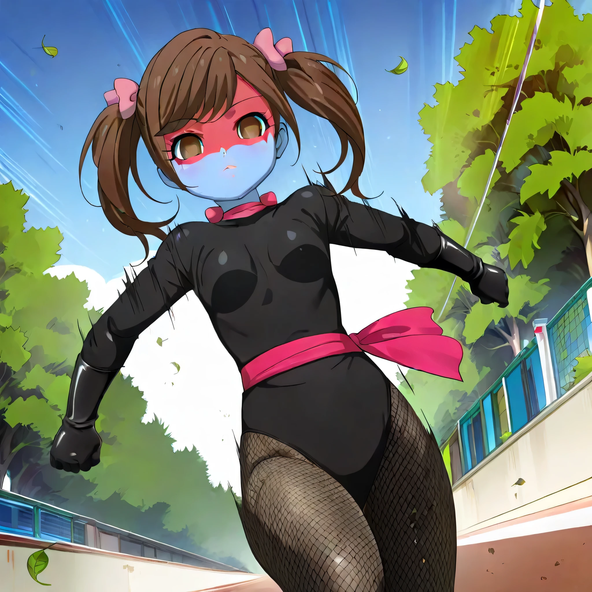 (((Masterpiece))), (((Best Quality))), ((Super Detail)), ultra-High resolution, score_9,score_8_up,score_7_up,score_6_up,score_5_up,score_4_up, BREAK, source_anime, anime screencap, uncensored, Masterpiece, (best shadow), (absurdres), (detailed background), (very aesthetic), detailed beautiful eyes, outstanding, an exquisite animation illustration, curvy, highres, shiny clothing, dark persona, empty eyes, blank eyes, shocker, black leotard, latex elbow gloves, brown fishnet pantyhose, blue skin, colored skin, red sash, makeup, red skin, (((solo, 1girl))), hair ornament, pose, submissive pose, anime style, anime coloring, animification, megami magazine, pose, dynamic angle, cinematic angle, dutch angle, small , kokoroy, kokoro_cocotamaS1, cocotamaS1 \(style\), brown hair, long hair, short twin tails, pink bow, hair bow, swept bangs, brown eyes, day, clear sky, sunlight, petal, summer, tree, sunbeam, dappled light, falling leaves, wind, school, outdoor, schoolyard, windy, closed mouth, looking at viewer, dynamic pose, motion line, speed line, running, serious, expressionless, emotionless, running pose