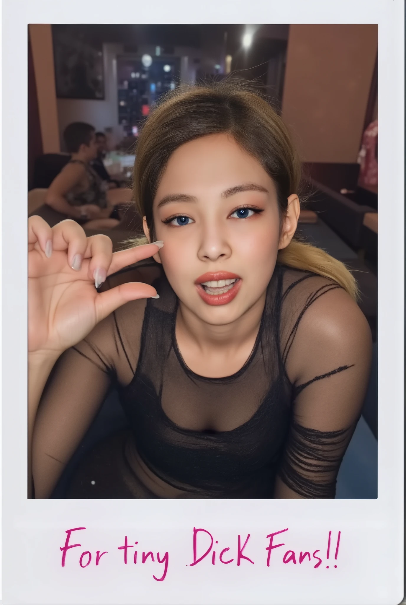 amature photo, A beautiful young girl annoyed. realistic,sphf1ngers, sph, beautiful hand, 5 finger, looking at viewer,indoors, sitting, sweat, laughing woman, night club, party, bar,, it writes "For tiny Dick Fans! J" on the photo, polaroid photo