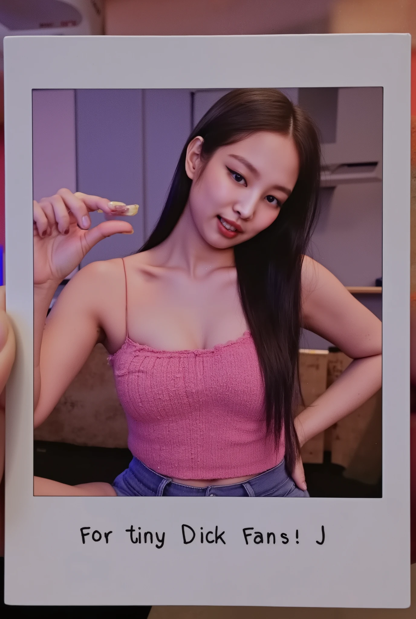 amature photo, A beautiful young girl annoyed. realistic,sphf1ngers, sph, beautiful hand, 5 finger, looking at viewer,indoors, sitting, sweat, laughing woman, night club, party, bar,, it writes "For tiny Dick Fans! J" on the photo, polaroid photo