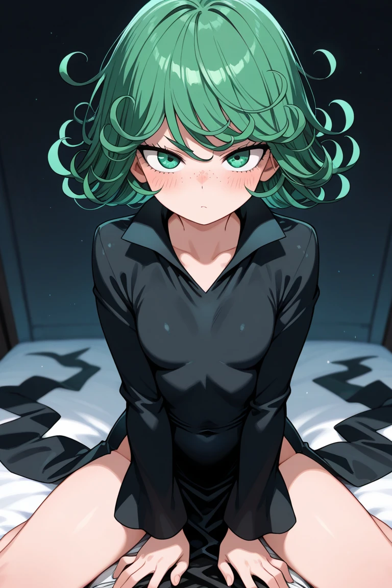 socre_8_up, source_anime, 1girl,solo , looking at viewer, <lora:Tatsumaki_One_Punch_Man_-_PDXL:1> green hair, curly hair, tatsumaki, black dress, green eyes,black footwear