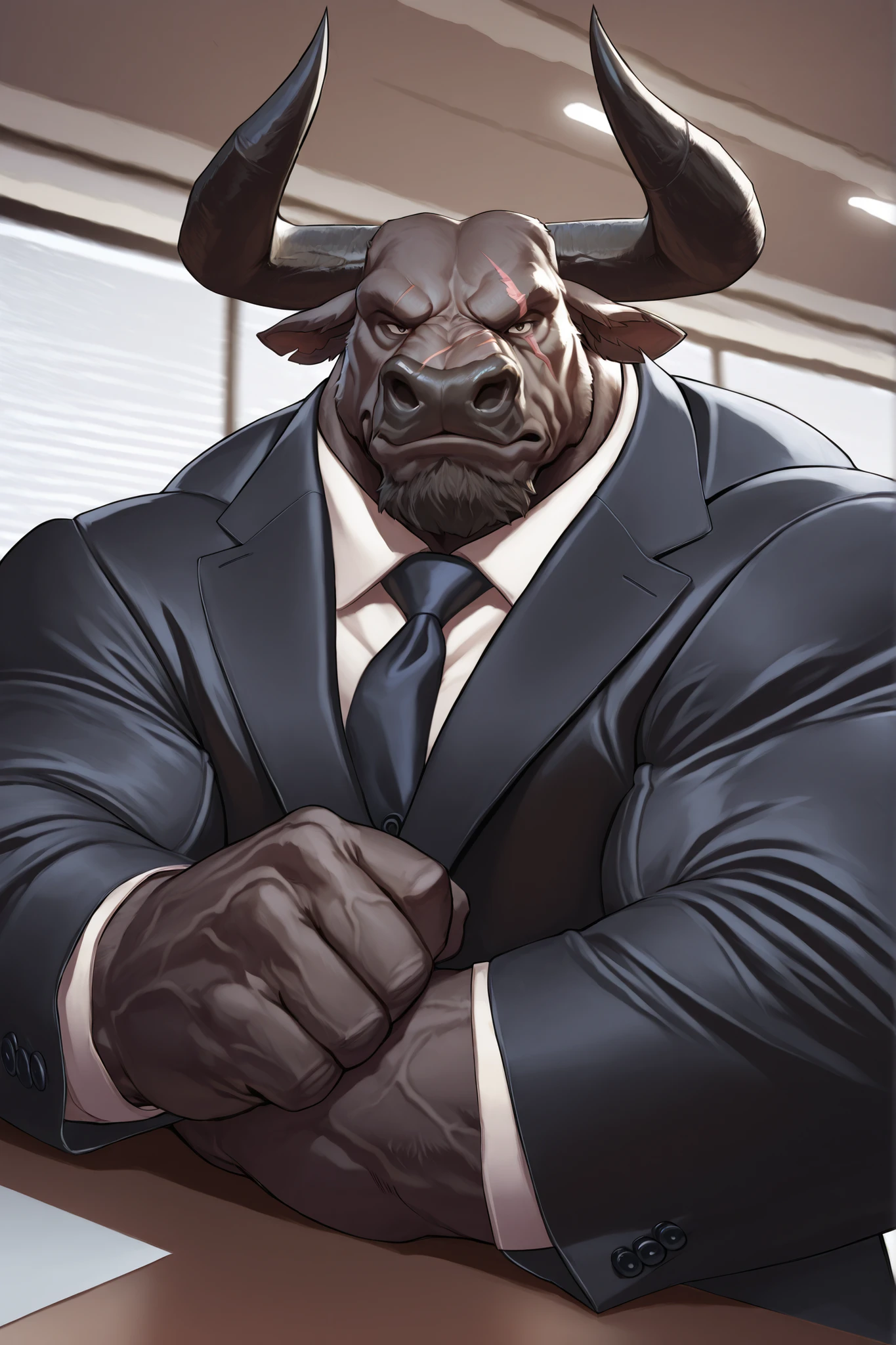 solo, masterpiece:1.3, muscular man, furry black bull, suits, office, film looks, firm, serious, strong, pose, looking to viewer, scar on face, highly detailed, 8k, semi realistic, Anatomically Correct, Best Quality, Textured Skin, Ray Tracing, detailed face, detailed eyes
