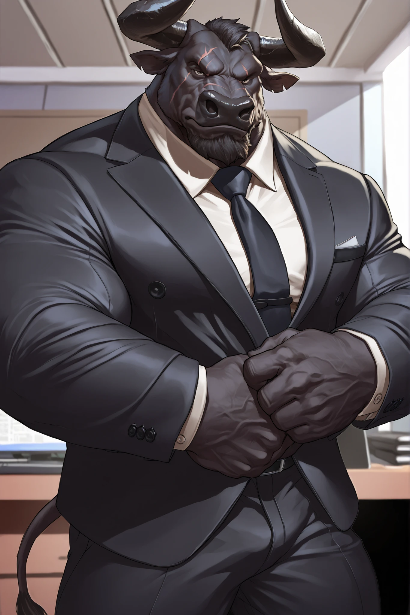 solo, masterpiece:1.3, muscular man, furry black bull, suits, office, film looks, firm, serious, strong, pose, looking to viewer, scar on face, highly detailed, 8k, semi realistic, Anatomically Correct, Best Quality, Textured Skin, Ray Tracing, detailed face, detailed eyes
