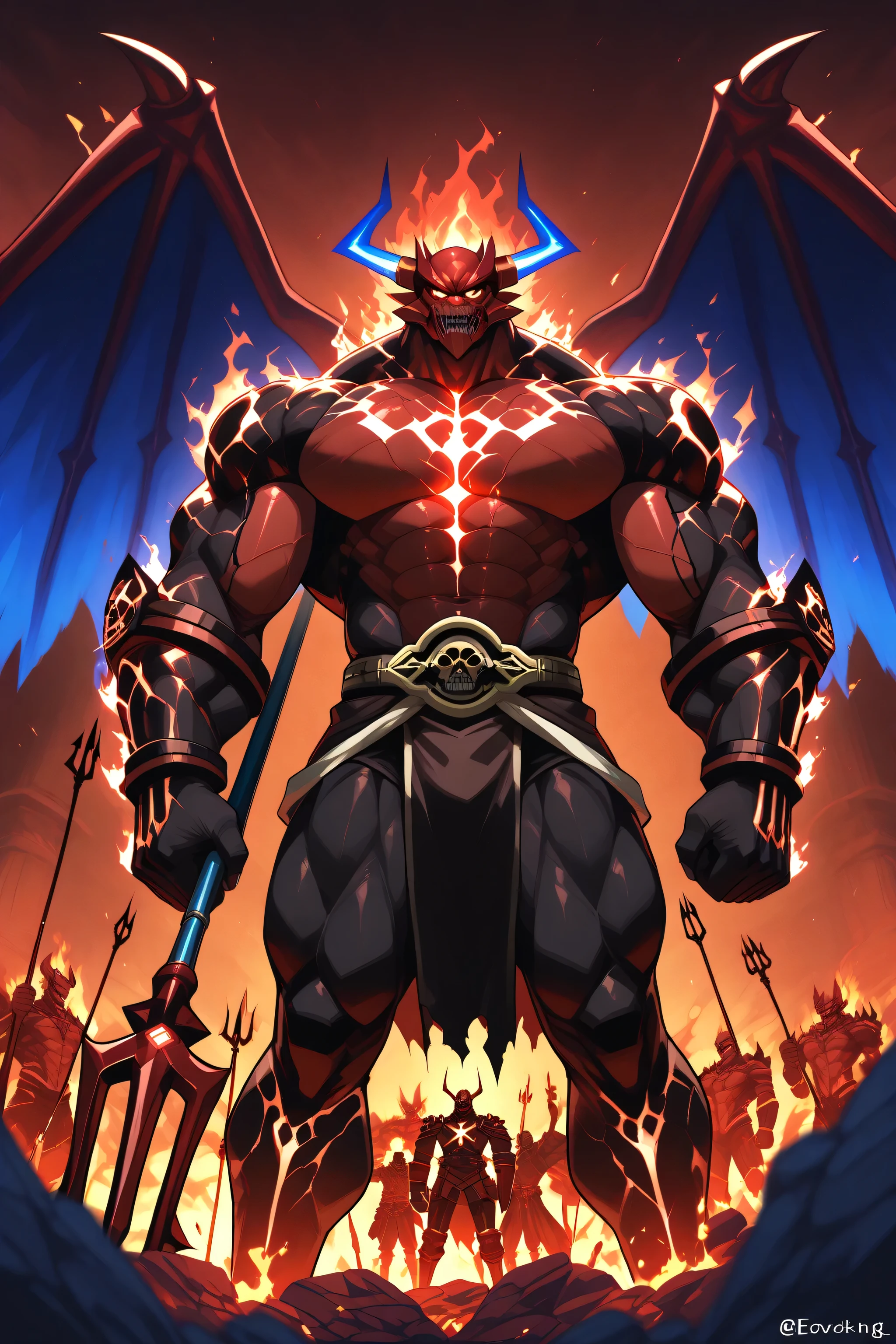 A towering demonic warrior with massive blue wings, glowing with arcane energy. His muscular body radiates power as blue lightning cracks across his chest and trident. The background burns in deep crimson, surrounded by jagged rocks and infernal flames, evoking a scene of chaos and domination.