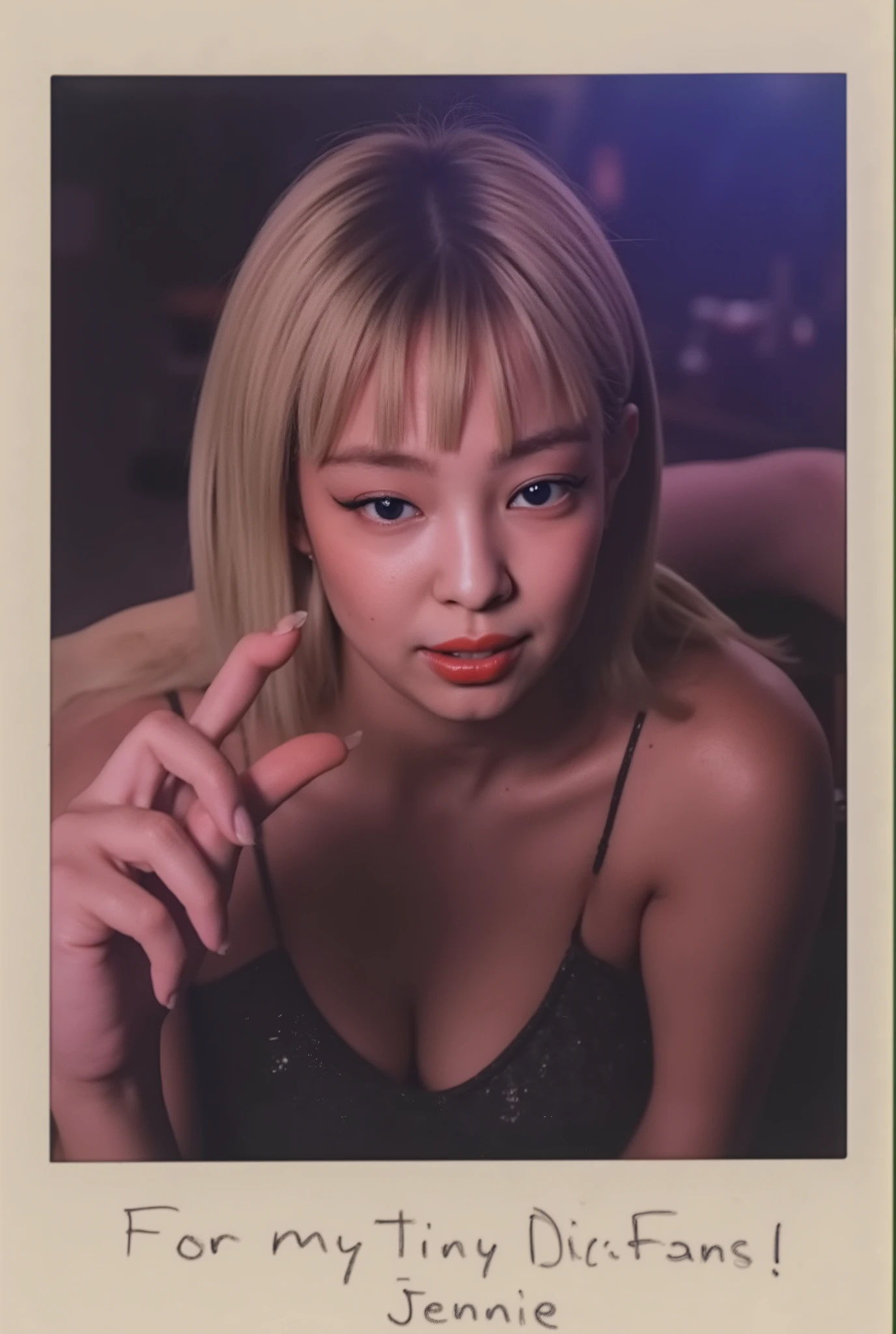 amature photo, A beautiful young girl annoyed. realistic,sphf1ngers, sph, beautiful hand, 5 finger, looking at viewer,indoors, sitting, sweat, laughing woman, night club, party, bar,, it writes "For my tiny Dick Fans! Jennie" on the photo, polaroid photo, five fingers, perfect hands