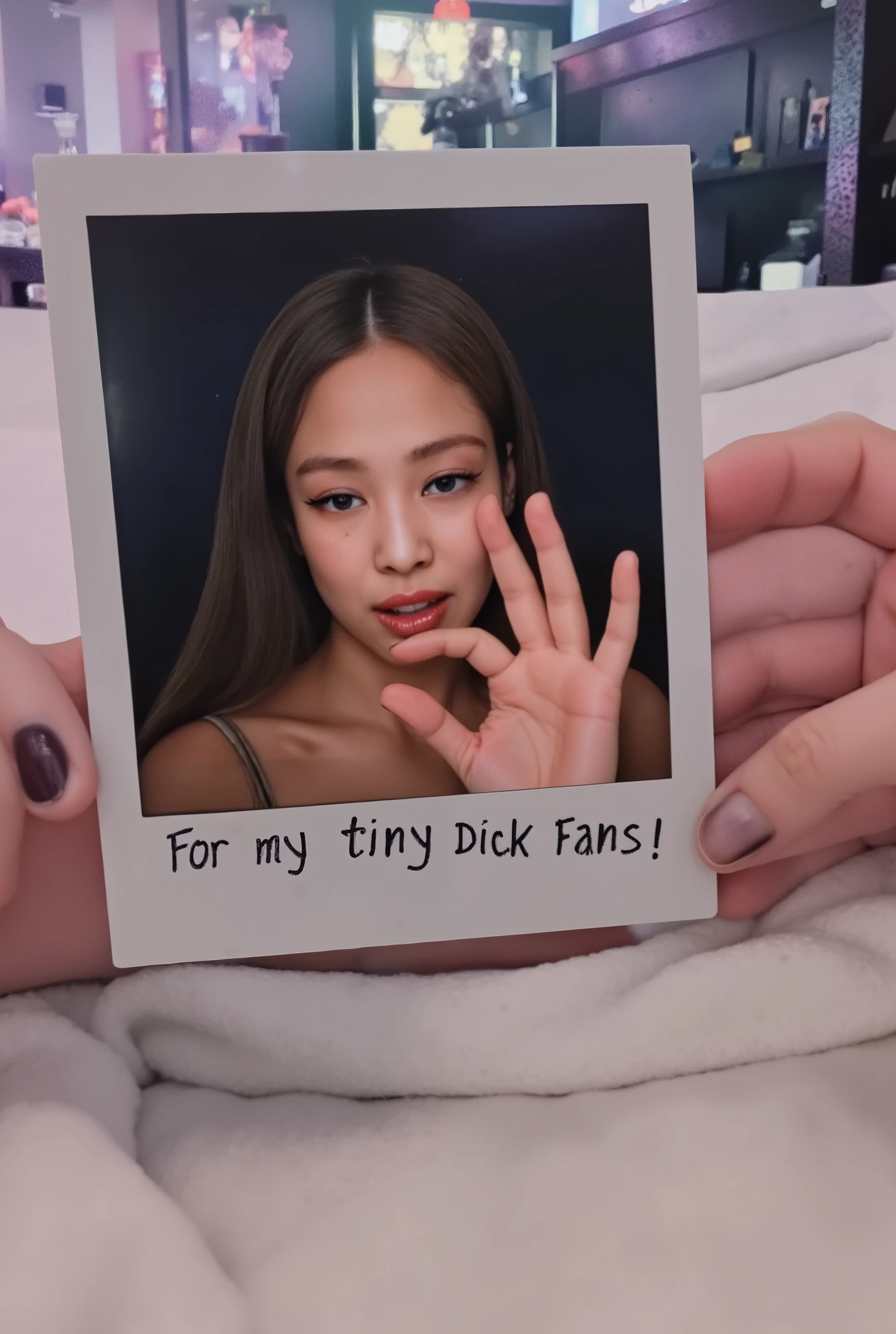 amature photo, A beautiful young girl annoyed. realistic,sphf1ngers, sph, beautiful hand, 5 finger, looking at viewer,indoors, sitting, sweat, laughing woman, night club, party, bar,, it writes "For my tiny Dick Fans! Jennie" on the photo, polaroid photo, five fingers, perfect hands