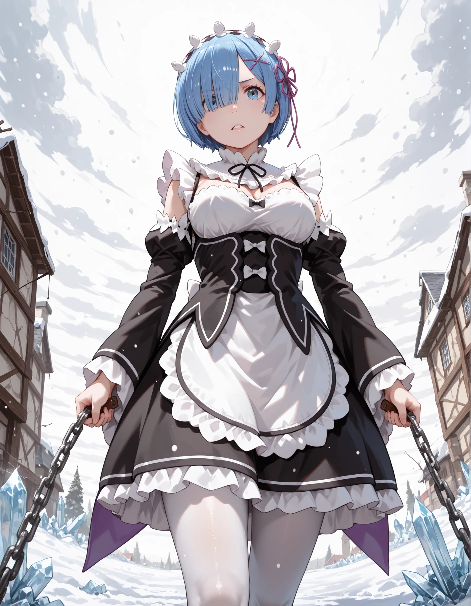 cowboy shot, upper body, from below,((best quality)), ((masterpiece)), illustration, (detailed), [(white background:1.5)::5], isometric, 1girl, solo, rem_\(re_zero\), cute, lustrous skin, enchanting gaze, captivating pose, blue hair, short hair, (hair over one eye:1.3), blue eyes, roswaal mansion maid uniform, apron, (white pantyhose:1.2), walking:1.1, cowboy shot, looking at viewer, arms at sides,(revenge, vengeance hate, anger, bloodthirsty:1.1), death, destruction, epic, cinematic, dramatic, reflective, shining, holding chains, flowing chains, evening, clear sky, outdoors, winter, falling snow, ice crystals, magic, particle effects, Tindal effect, (Balance and coordination between all things), fantasy, (high-resolution:1.2)  