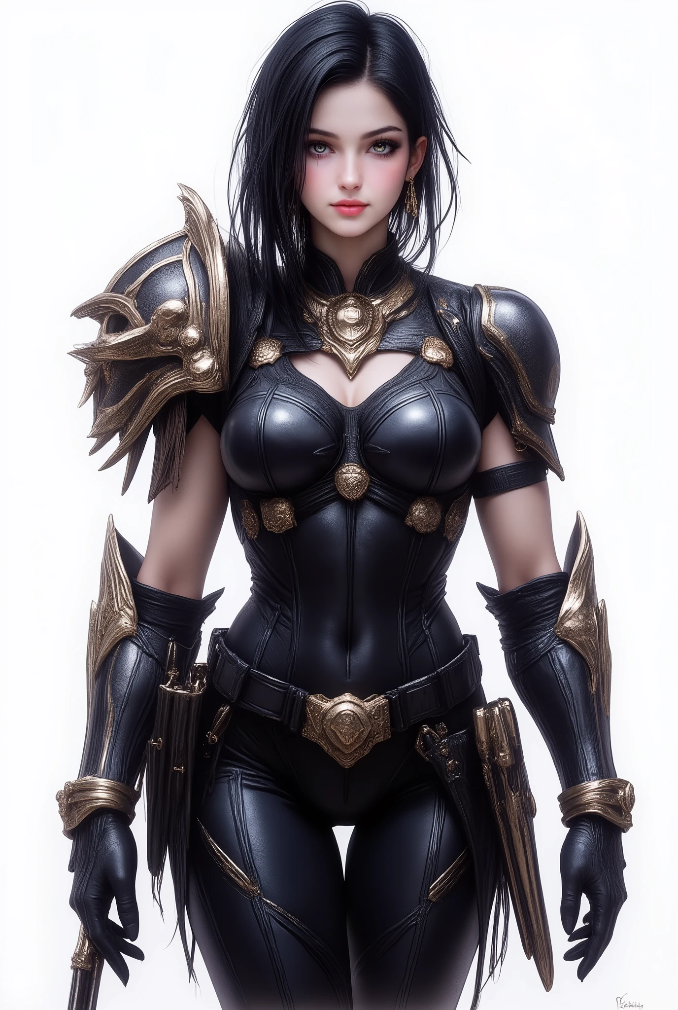 full body image Photorealistic adult warrior 18 years old girl, short black hair light eyes, subtle glam makeup ; clean unmarked skin; confident, stoic expression. Outfit: glossy black fitted leather/metal tactical bodysuit with sculpted panels; sci-fi shoulder pauldrons,heavy gauntlets/bracers, utility belts with gold/brass buckles, thigh straps,high black gloves; minimal jewelry (small hoop earrings).Composition & Camera: three-quarter portrait from mid-thigh up, dynamic power pose, slight turn toward camera;studio, seamless pure white background; eye-level 85mm look, shallow depth of field with eyes tack-sharp.Lighting & Finish: high-key beauty lighting with softbox key and clean rim highlights to emphasize specular shine on armor;crisp edges, ultra-detailed textures (leather grain, metal hardware), UHD, HDR, editorial quality
