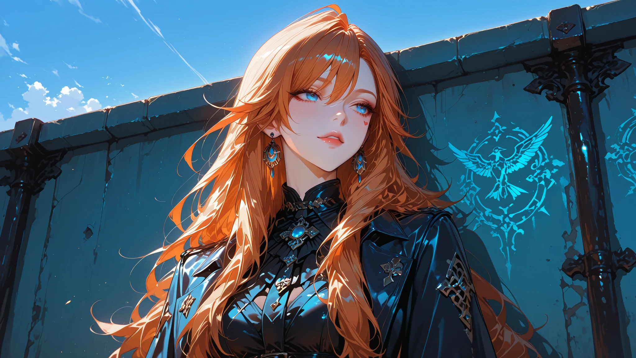 Mavuika, blue sky, off-centered, artistic, cinematic, aesthetic, wall