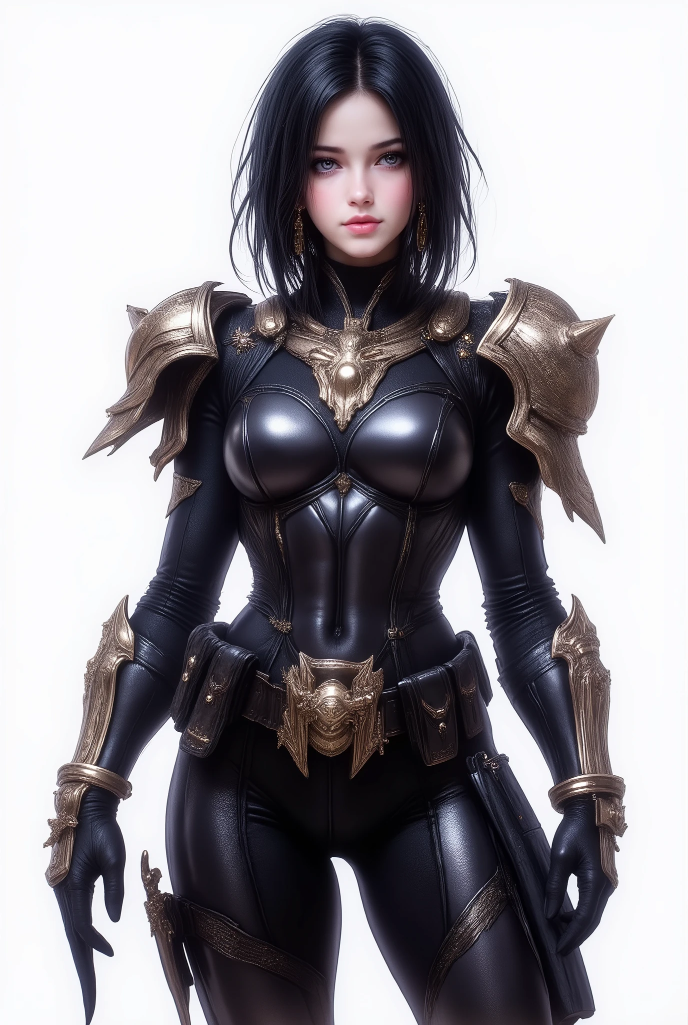 full body image Photorealistic adult warrior 18 years old girl, short black hair light eyes, subtle glam makeup ; clean unmarked skin; confident, stoic expression. Outfit: glossy black fitted leather/metal tactical bodysuit with sculpted panels; sci-fi shoulder pauldrons,heavy gauntlets/bracers, utility belts with gold/brass buckles, thigh straps,high black gloves; minimal jewelry (small hoop earrings).Composition & Camera: three-quarter portrait from mid-thigh up, dynamic power pose, slight turn toward camera;studio, seamless pure white background; eye-level 85mm look, shallow depth of field with eyes tack-sharp.Lighting & Finish: high-key beauty lighting with softbox key and clean rim highlights to emphasize specular shine on armor;crisp edges, ultra-detailed textures (leather grain, metal hardware), UHD, HDR, editorial quality