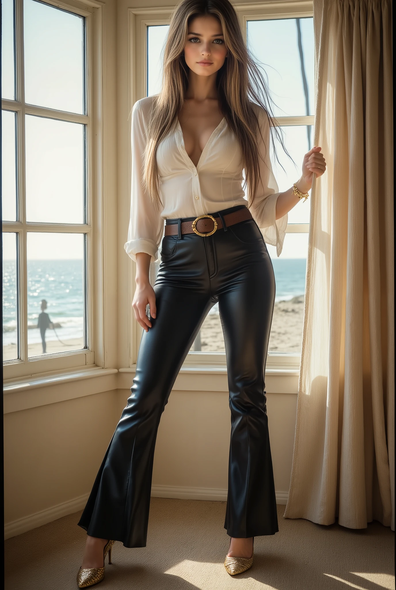 Vintage Polaroid-style full-body portrait of a sexy , provocative girl secret in 1970s pin-up style . Tall , athletic build , long wavy blonde hair with a hair tie aholokan , blue eyes , high arched eyebrows , large breasts , slim waist , broad shoulders , shapely calves . She wears shiny black leather flared pants and shiny white broad-shouldered silk shirt unbuttoned at the top tucked into pa . Accessories: wide brown leather belt with large gold buckle , gold high-heeled sandals . Sunlit 1960s American room with tropical beach visible through the window .