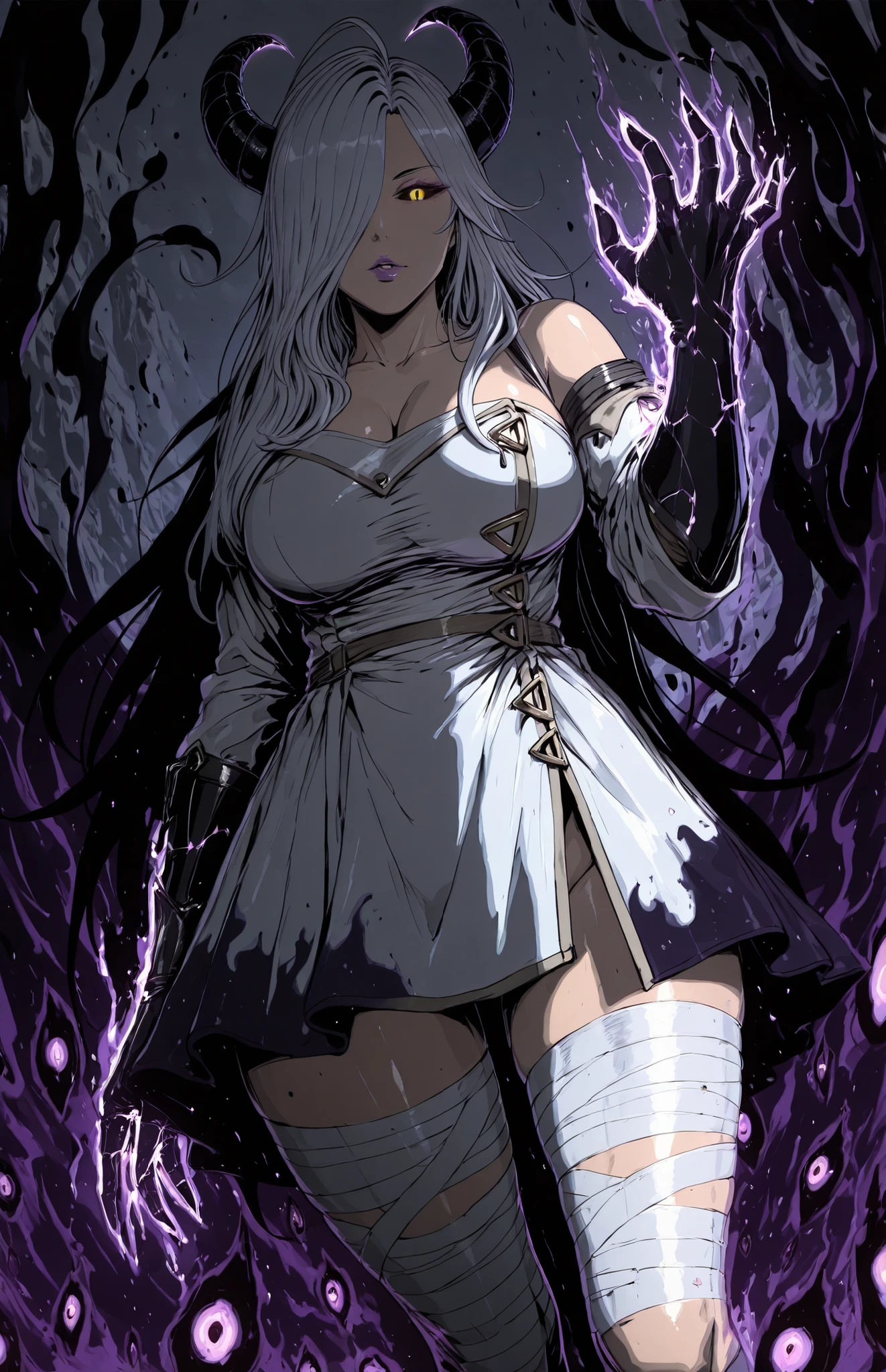 L_Cation2, Babu-style, Hgk, (kunaboto-style:1.2), (toi8-style:1.4), (saintshiro-style:1.3), (anegawa_eiji-style:1.2), (anime coloring, anime screencap), shiny skin, Hand drawn, cinematic, Sharp focus, humorous illustration, big depth of field, Masterpiece, concept art, trending on artstation, Vivid colors, Simplified style, trending on ArtStation, trending on CGSociety, Intricate, Vibrant colors, Soft Shading, Simplistic Features, Sharp Angles, Playful, (voluptuous body:1.4), (mature female:1.4), (cellulite:1.3), ((anatomical correct)), perfect body, perfect eyes, perfect fingers, gasping, heavy breathing, gasping profusely, ((skindentation)), ((curvy, thigh gap)), omi-san, long hair, yellow eyes, slit pupils, purple lips, purple lipstick, hair over one eye, one eye covered,white hair, bright pupils, (aura), (black aura:1.2), 1girl, breasts, horns, glowing, dress, white_dress, solo, cleavage, bandages, bandaged_leg, glowing_eyes, looking_at_viewer, ahoge, parted_lips, glowing_eye, monster_girl, colored_sclera, black_sclera, black hands, shadow, shadow hands,